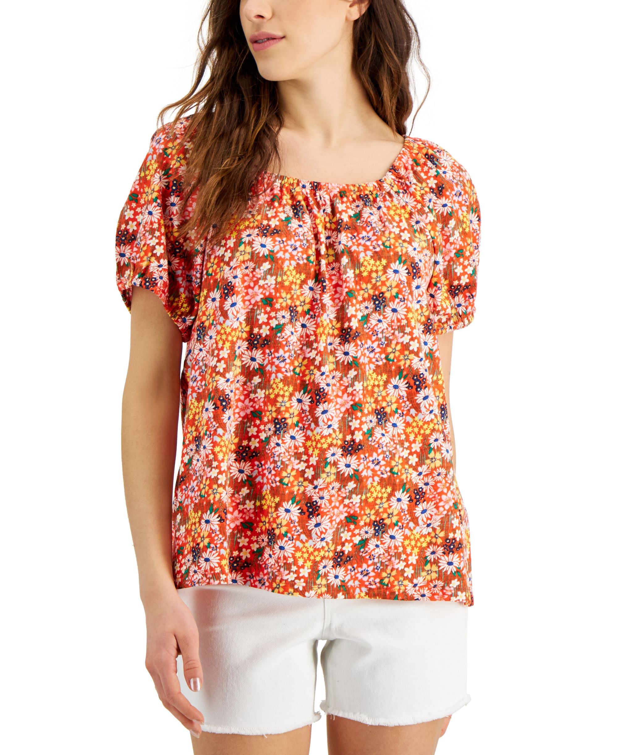 Style & Co Womens Printed Knit Peasant Top