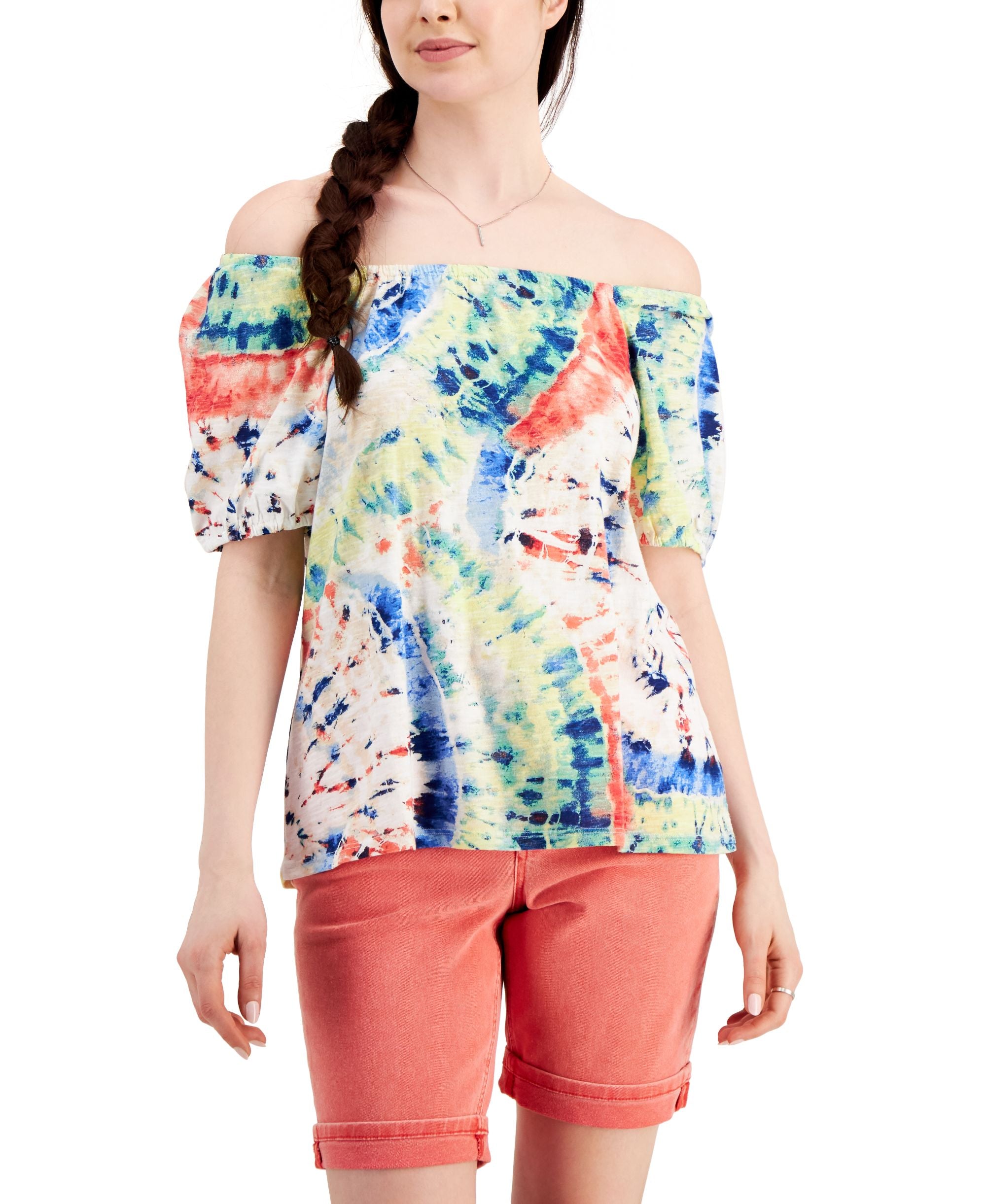 Style & Co Womens Printed Knit Peasant Top