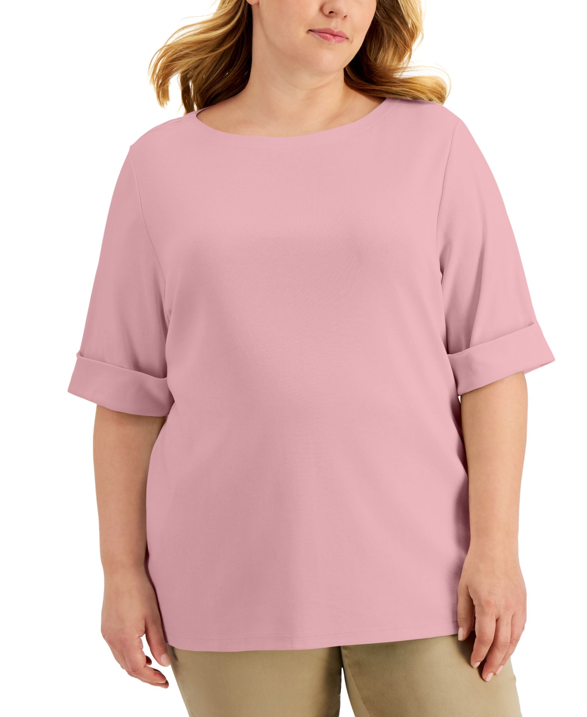 Plus Size Cotton Elbow-Sleeve Top