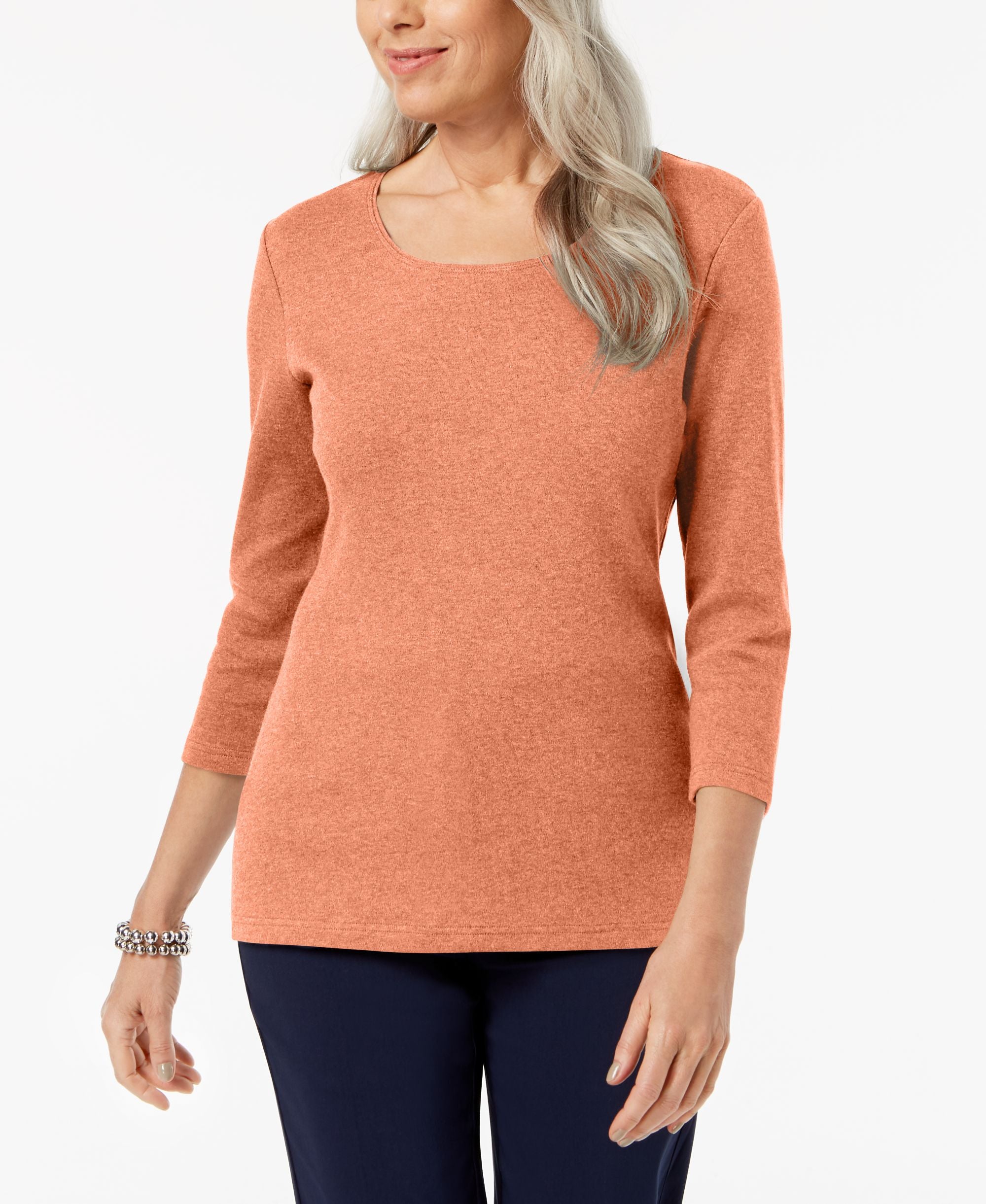 Petite 3/4 Sleeve Cotton Scoop-Neck Top