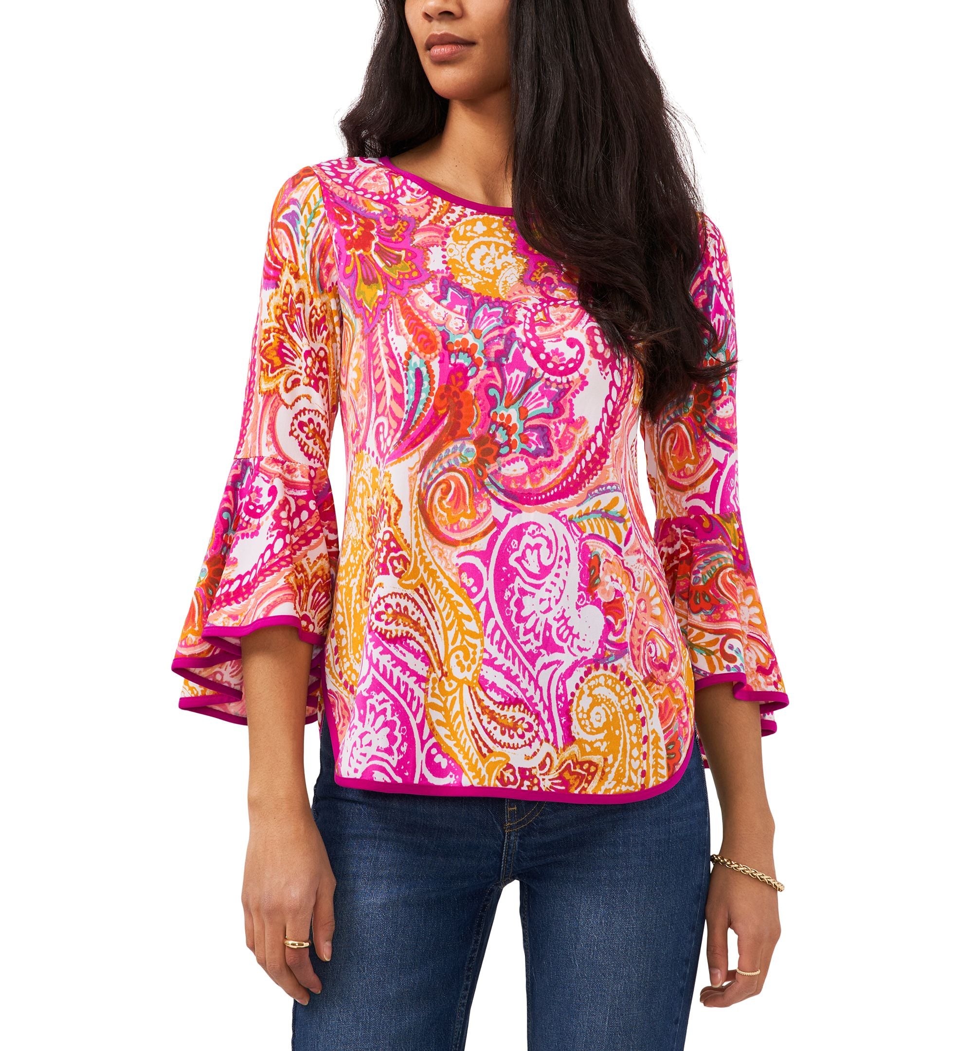 Petite Contrast-Trim Bell-Sleeve Top