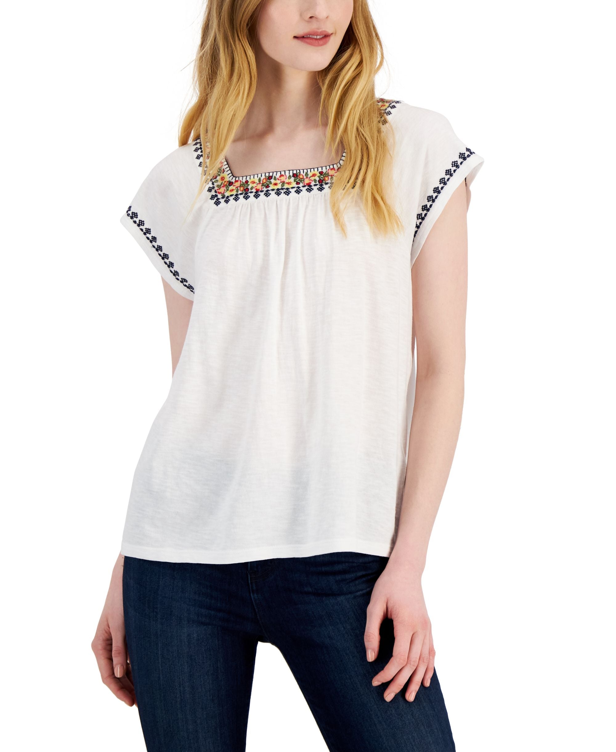 Style & Co Womens Embroidered Flutter Sleeve Top