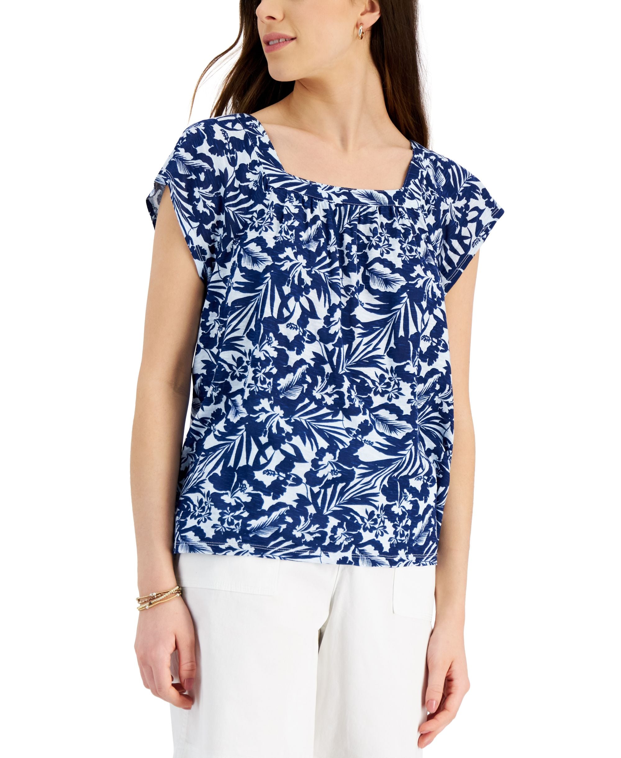 Style & Co Petite Printed Square Neck Top