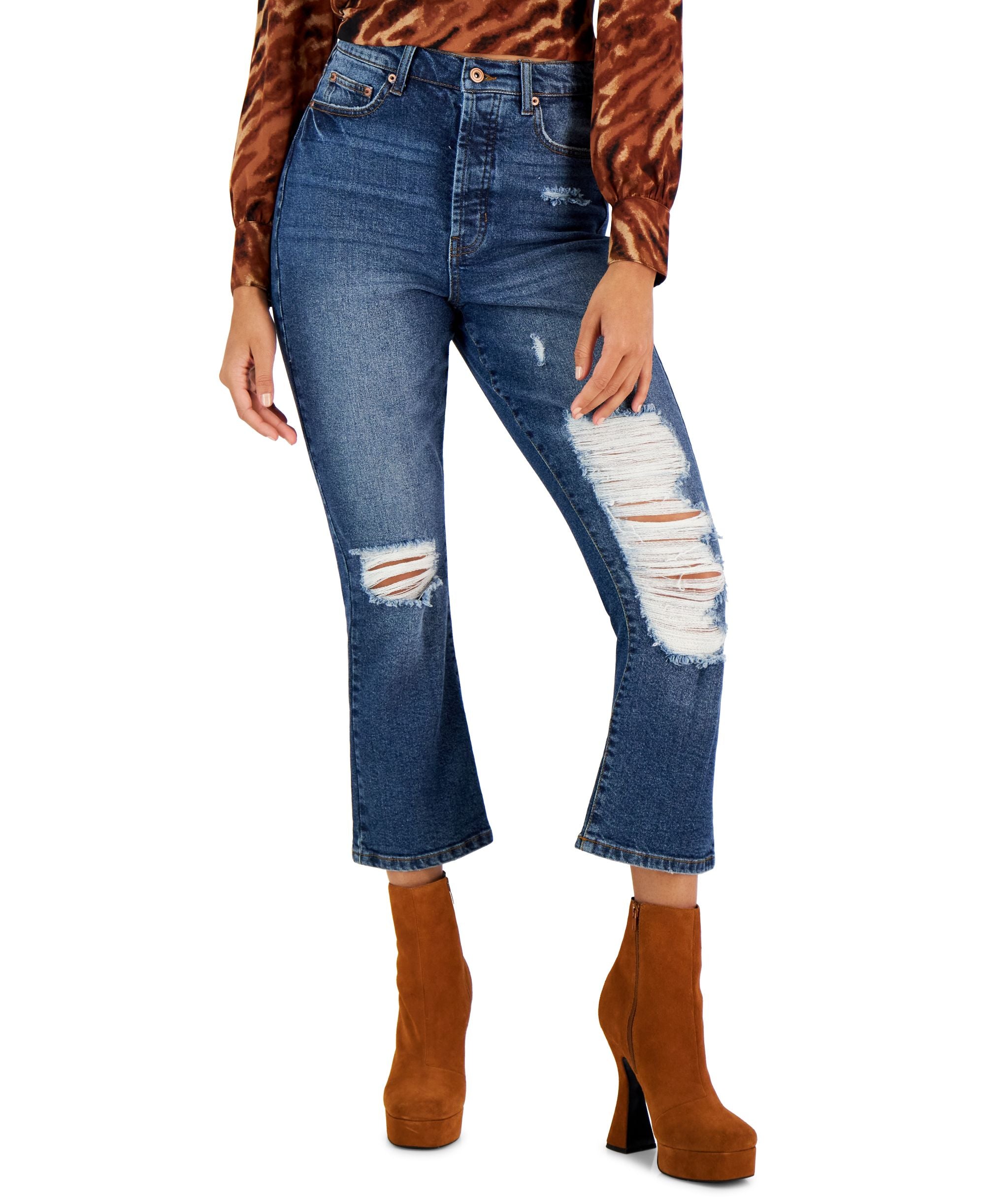 Juniors' Ripped Cropped Kick Flare Jeans