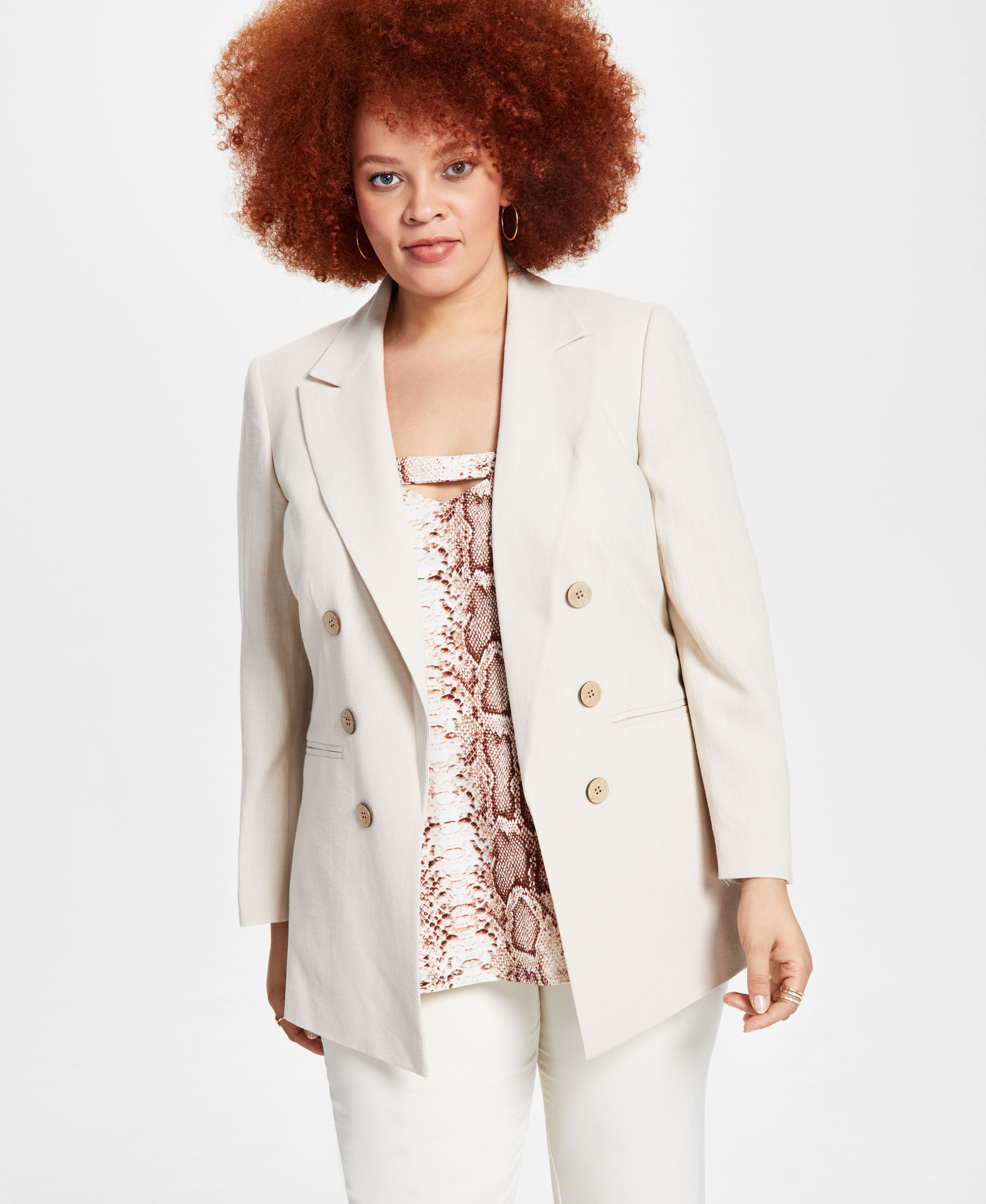Plus Size Linen Faux-Double-Breasted Blazer