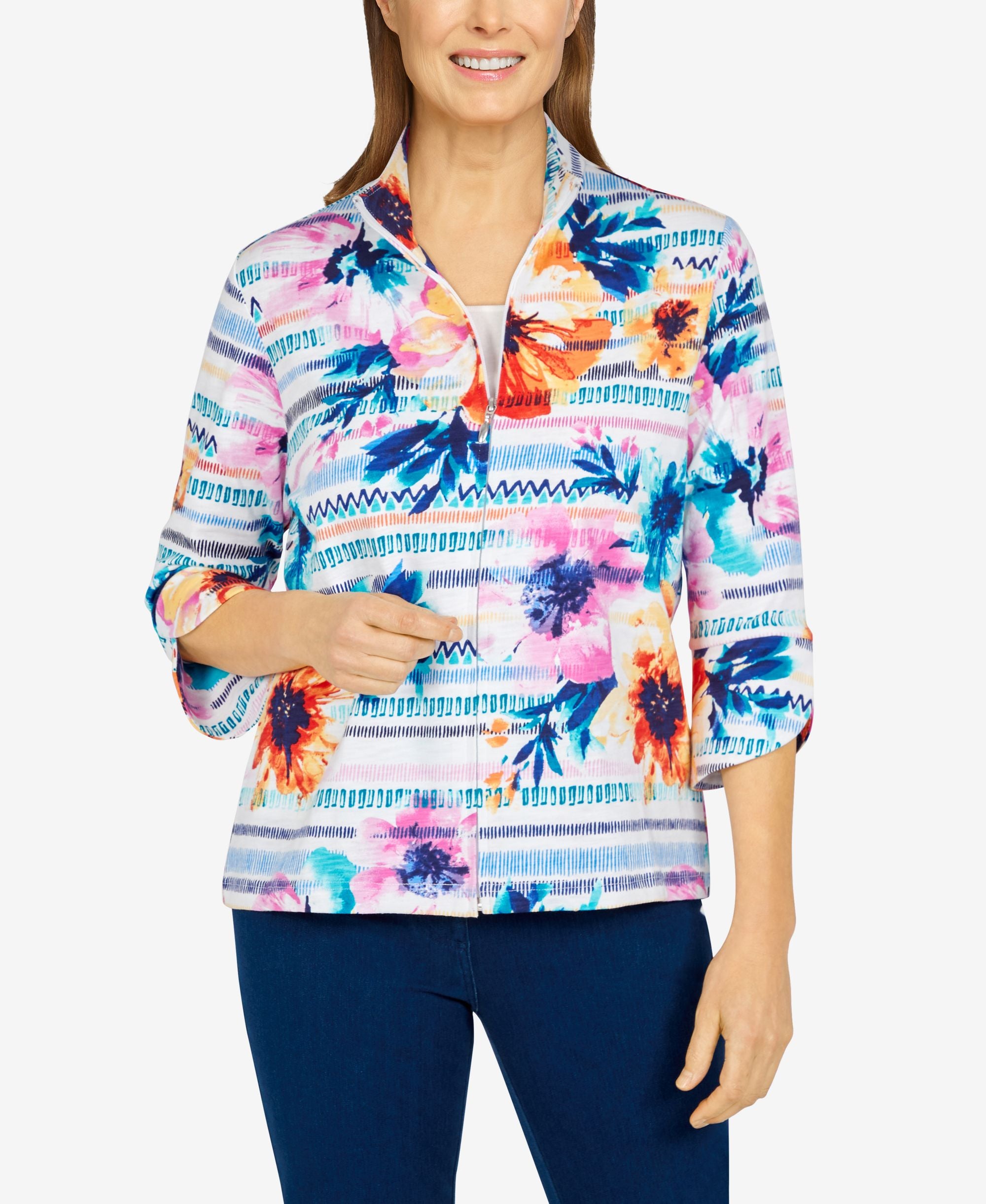 Missy Calypso Womens Texture Floral Print Knit Jacket