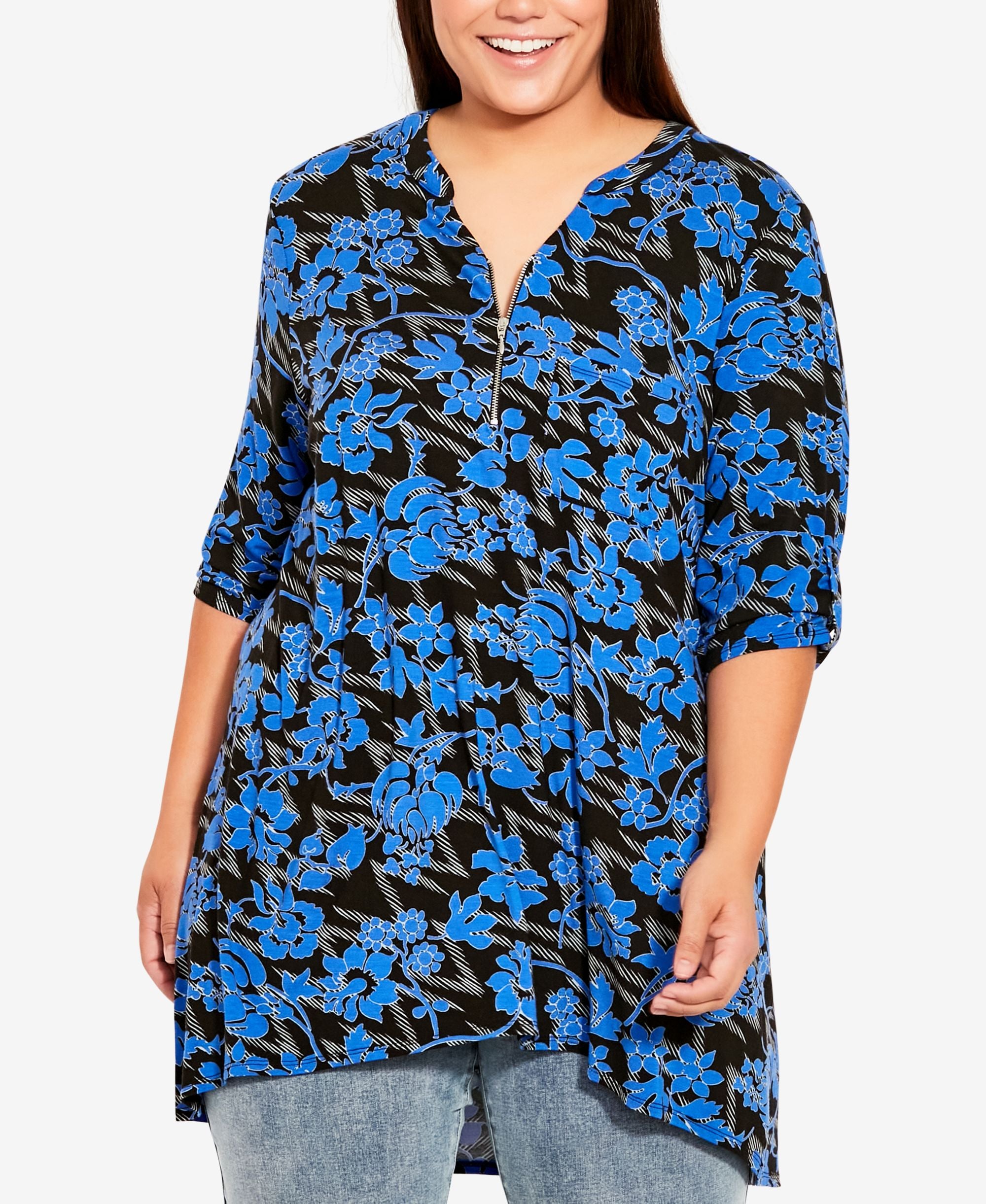 Plus Size Chester Zip Printed Tunic Top