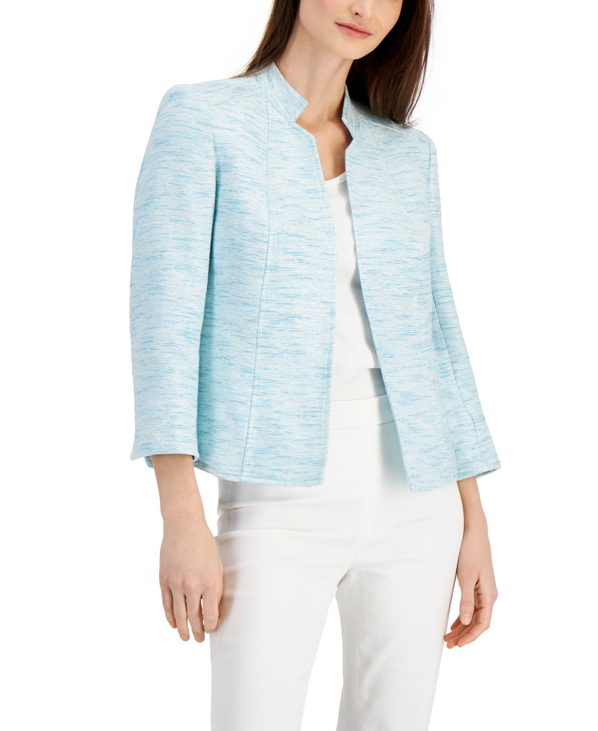 Anne Klein Womens Tweed Stand Collar Jacket