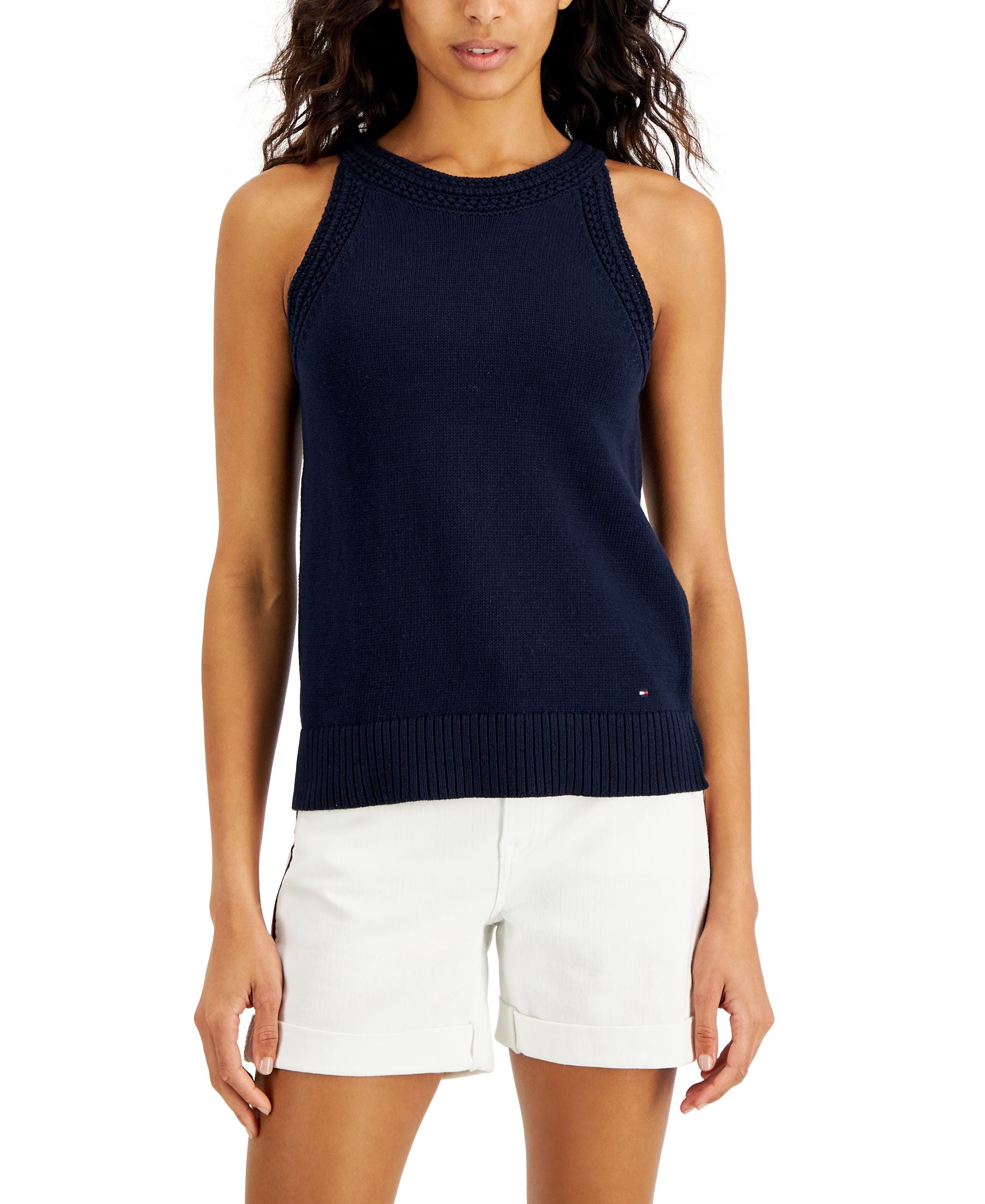 Tommy Hilfiger Womens Crochet Trim Sleeveless Sweater