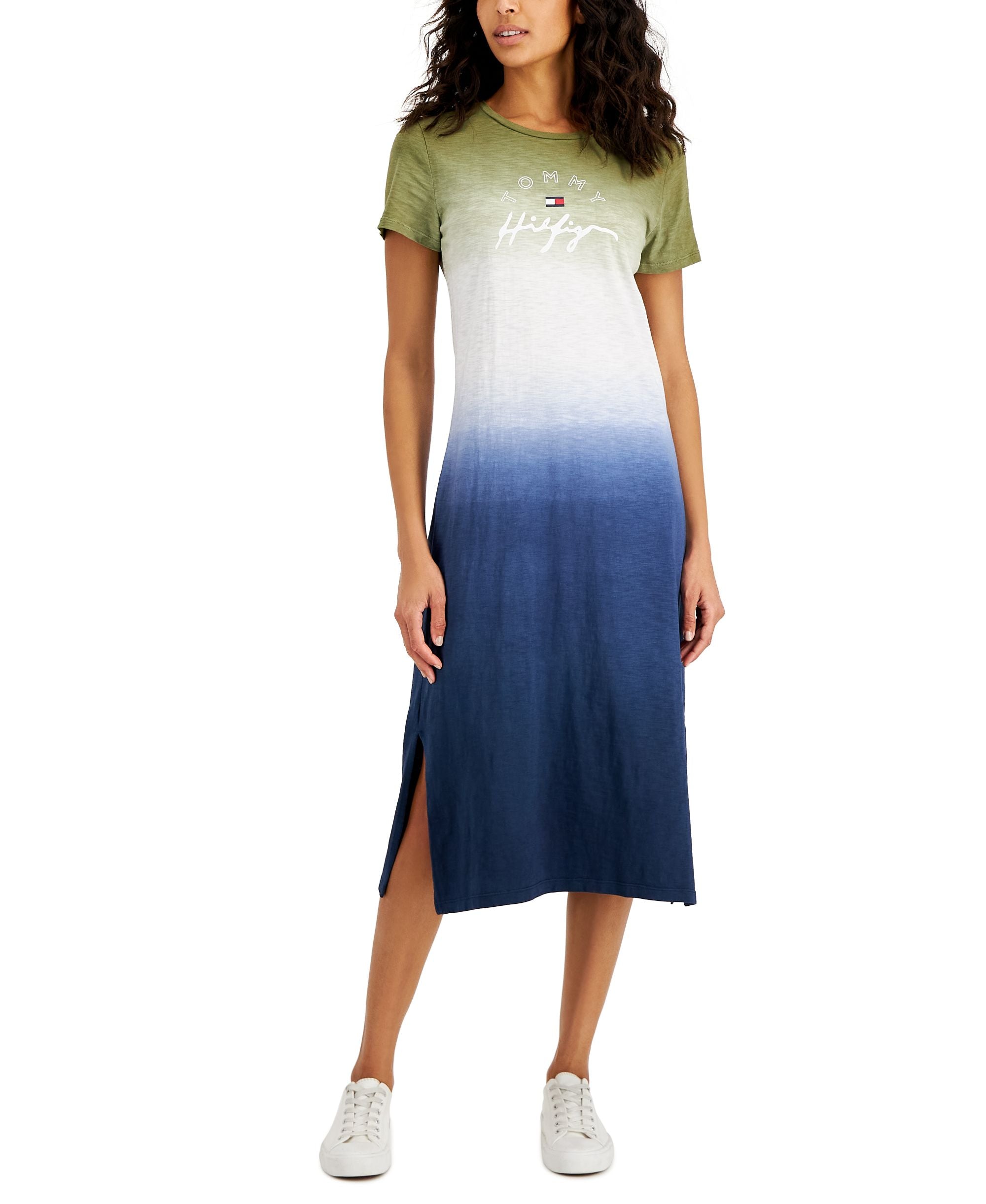 Tommy Hilfiger Womens Cotton Dip Dyed Midi T-Shirt Dress