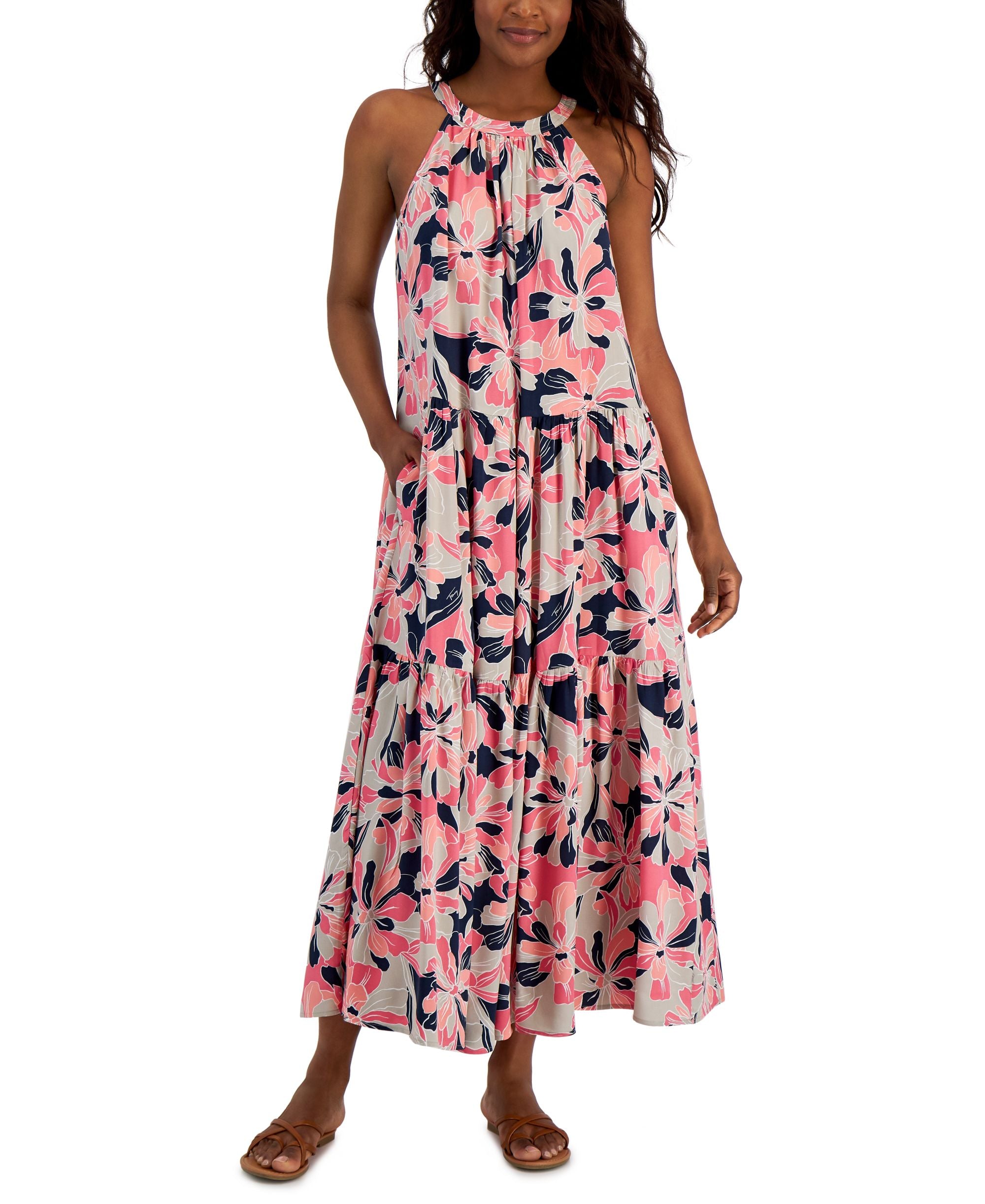 Tommy Hilfiger Womens Floral Print Halter Maxi Dress