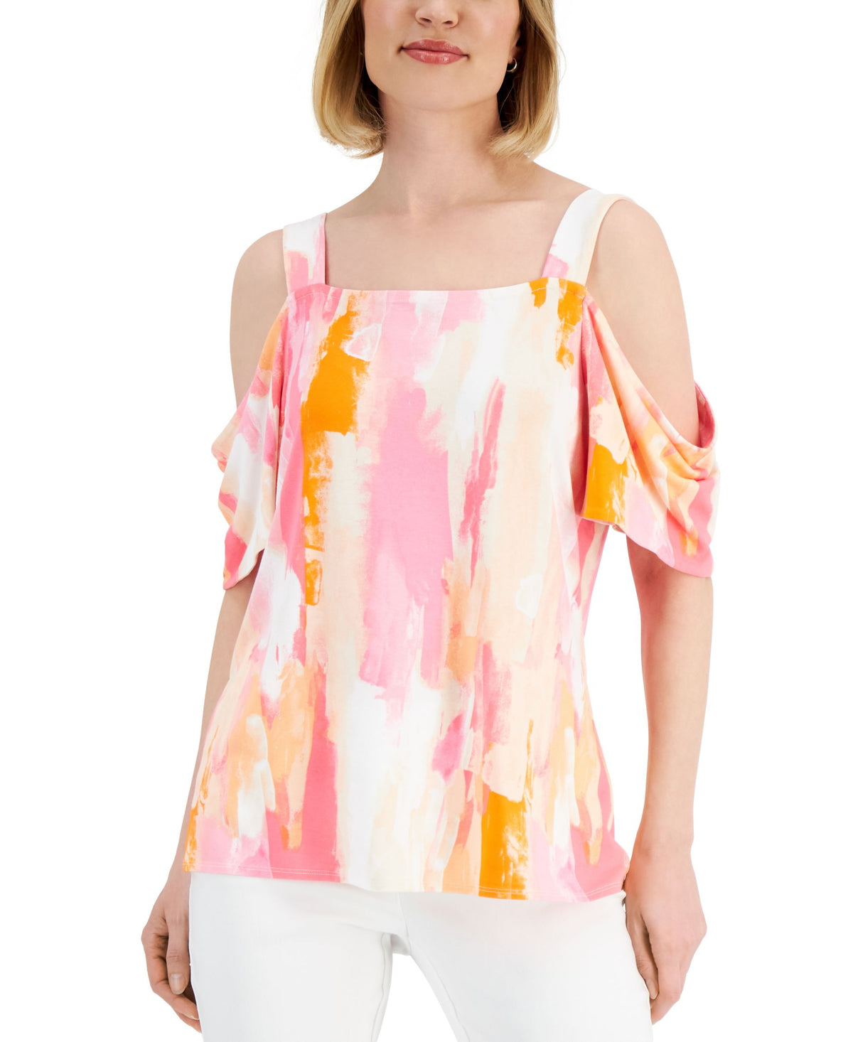 JM Collection Womens Printed Cold Shoulder Top