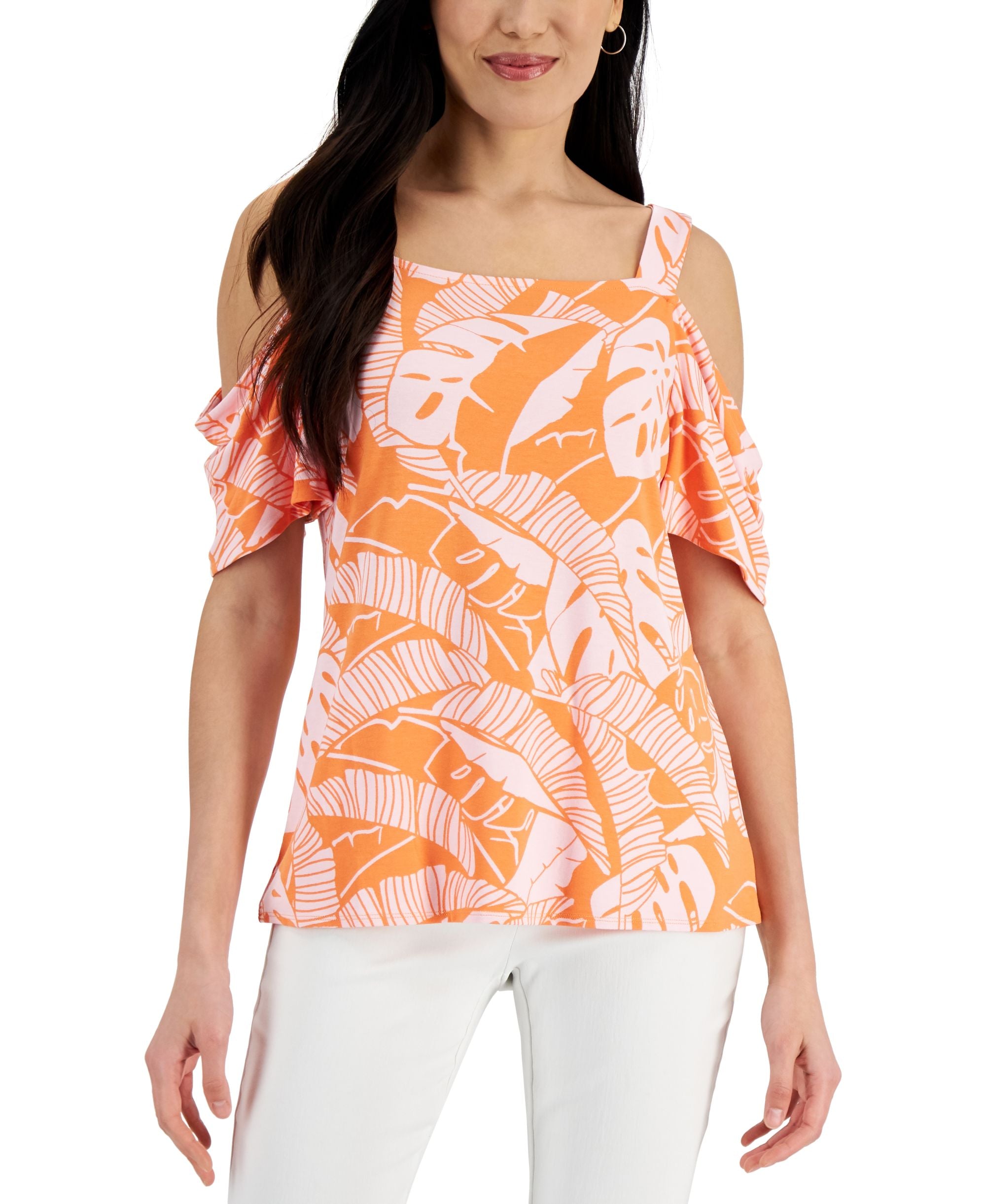 JM Collection Womens Palm Print Cold Shoulder Top