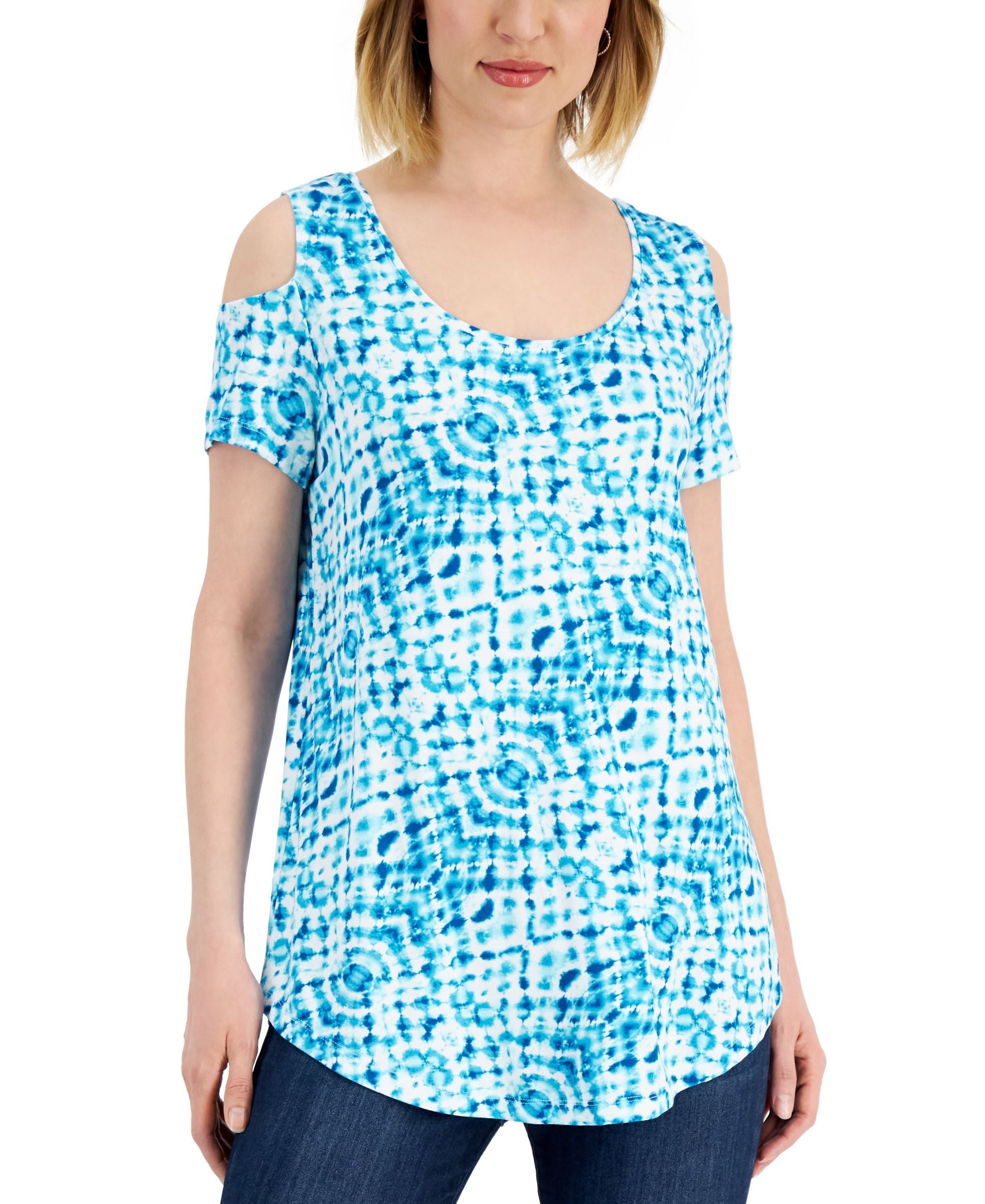 JM Collection Womens Tie Dyed Cold Shoulder Top