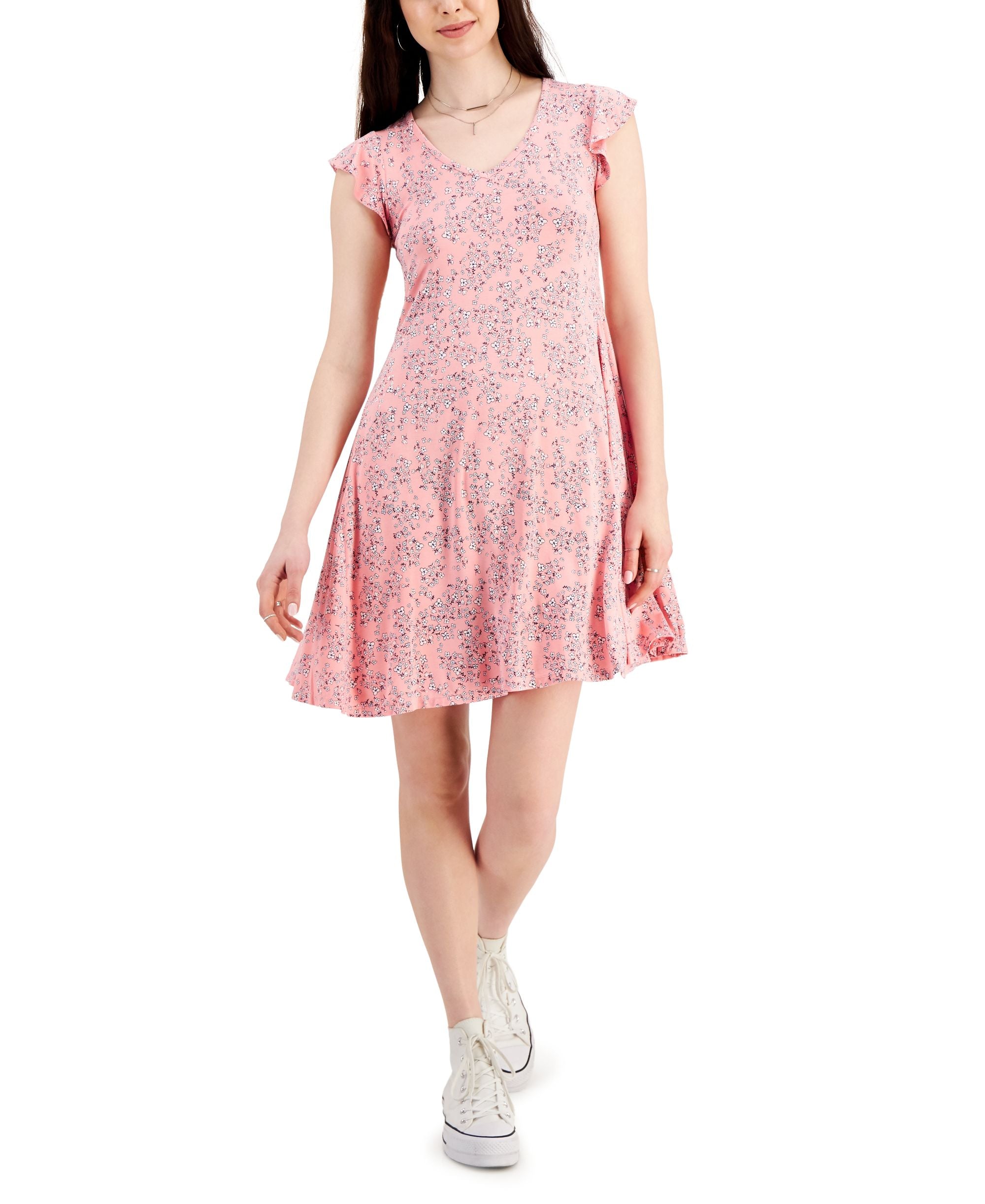 Style & Co Womens Floral Print Flutter Sleeve Dress