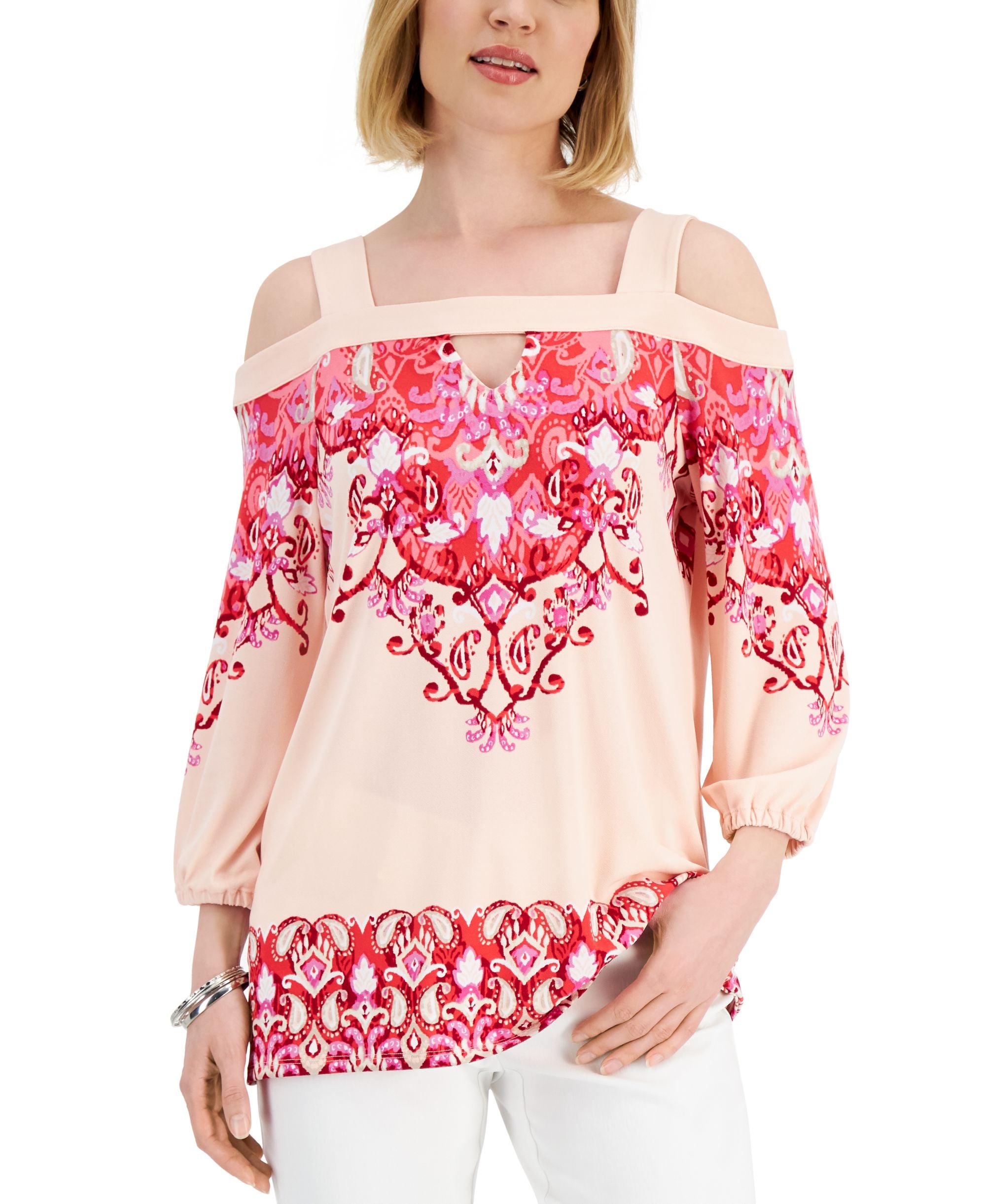 JM Collection Womens Manda Printed Cold Shoulder Top