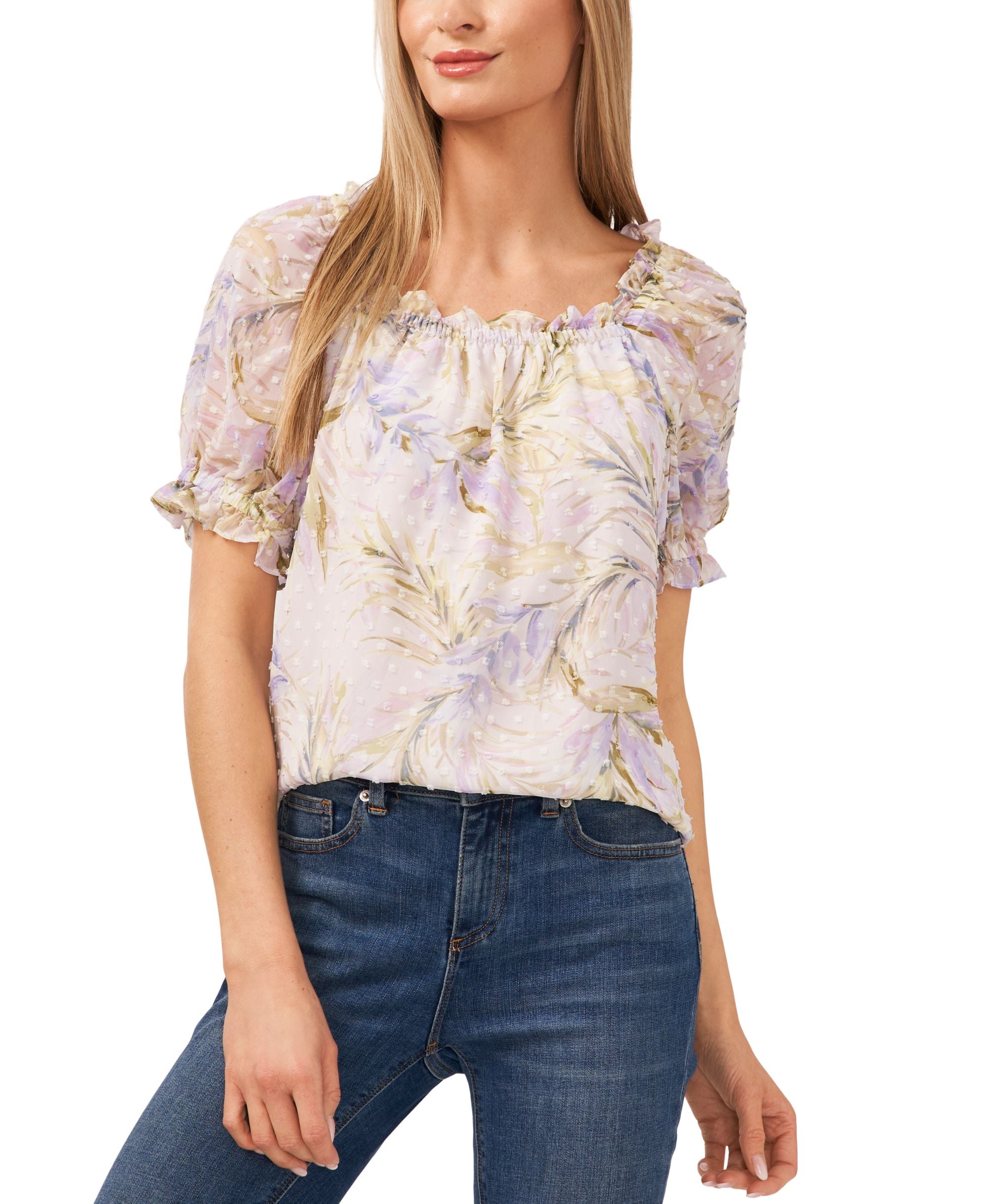 Cece Womens Puff Sleeve Baja Palm Clip Dot Top