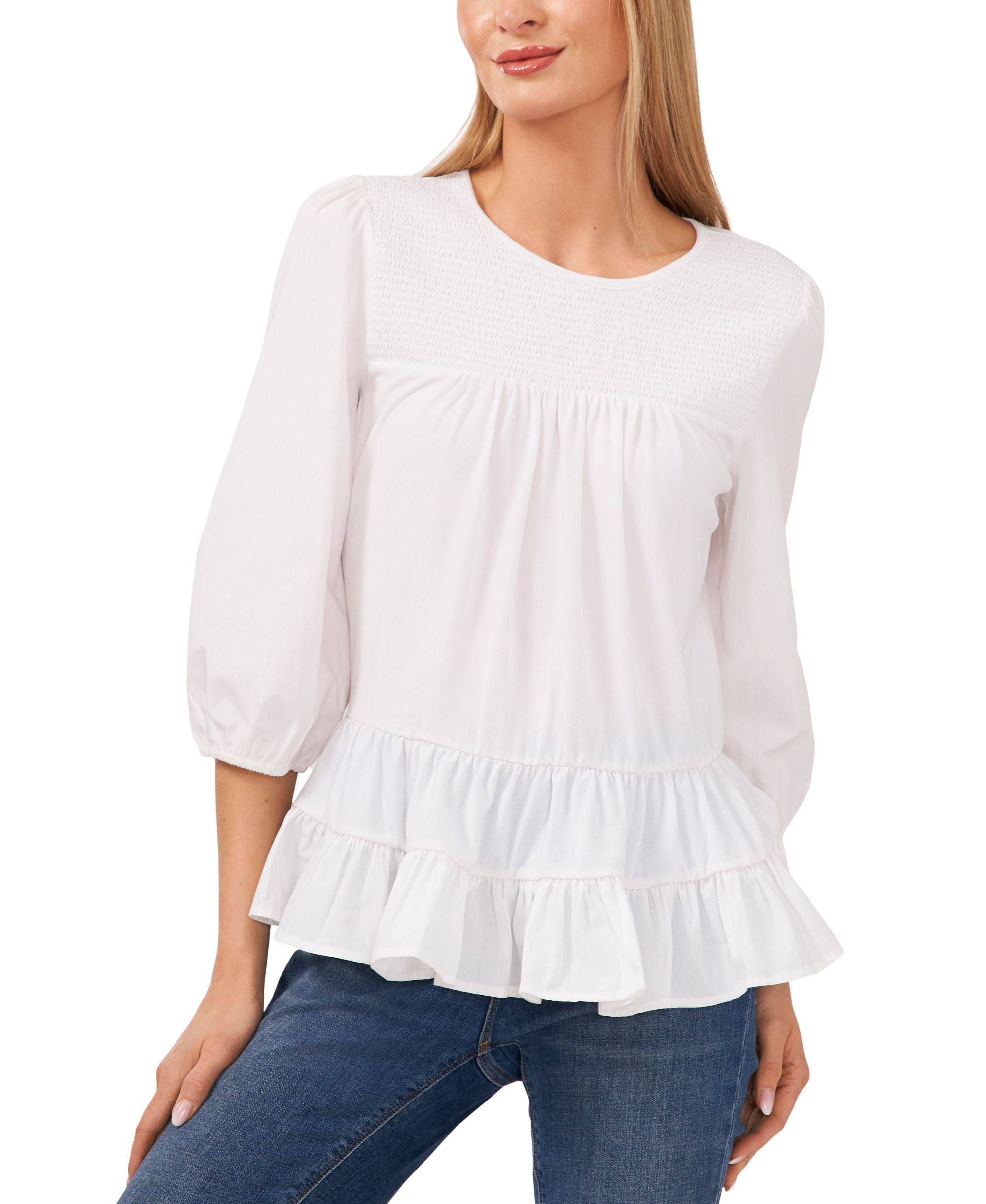 Women's 3/4-Sleeve Ruffled Hem Crew Neck Knit Blouse