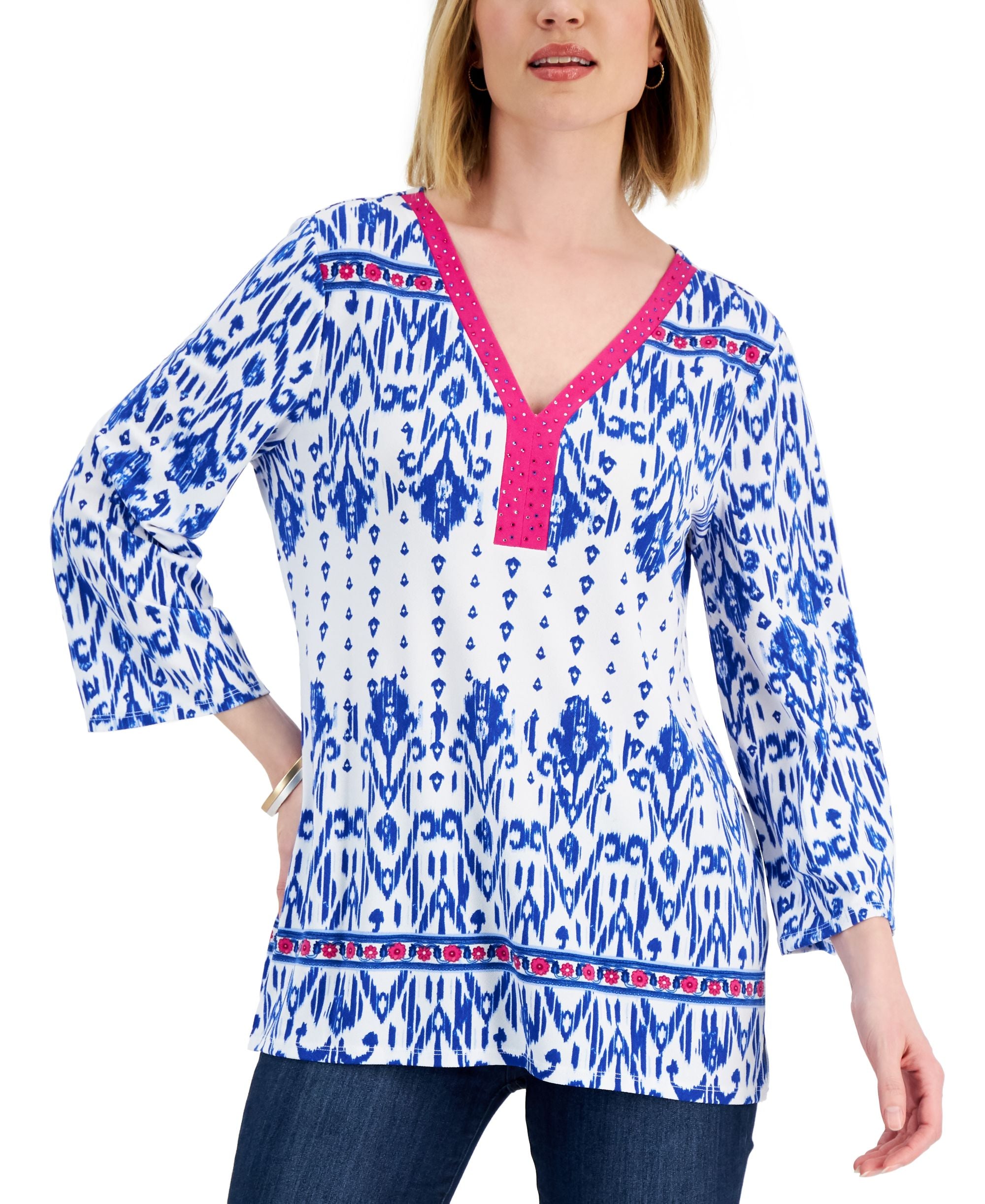 JM Collection Womens Embellished Ikat Top