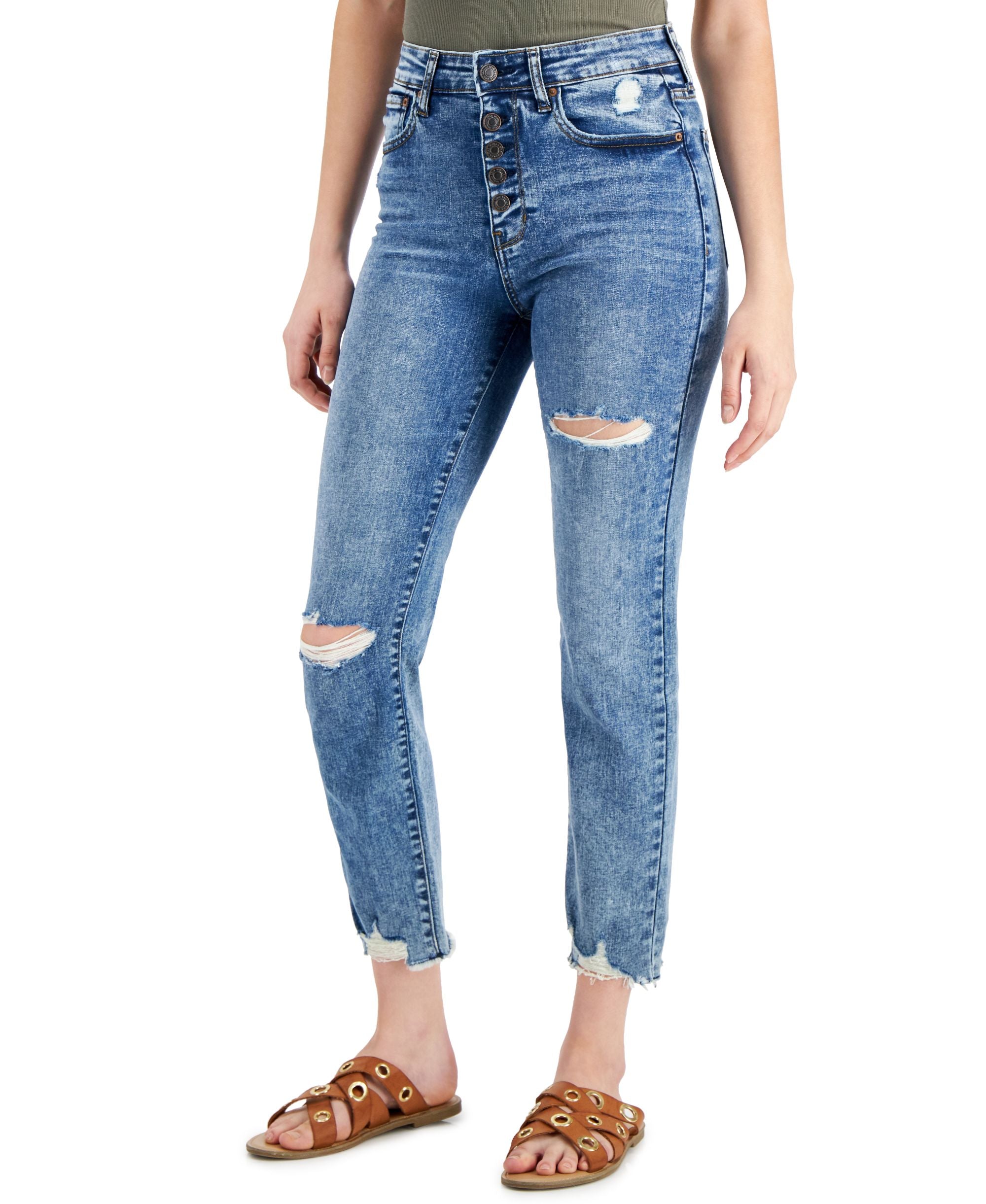 Juniors' Ripped Slim Straight-Leg Jeans