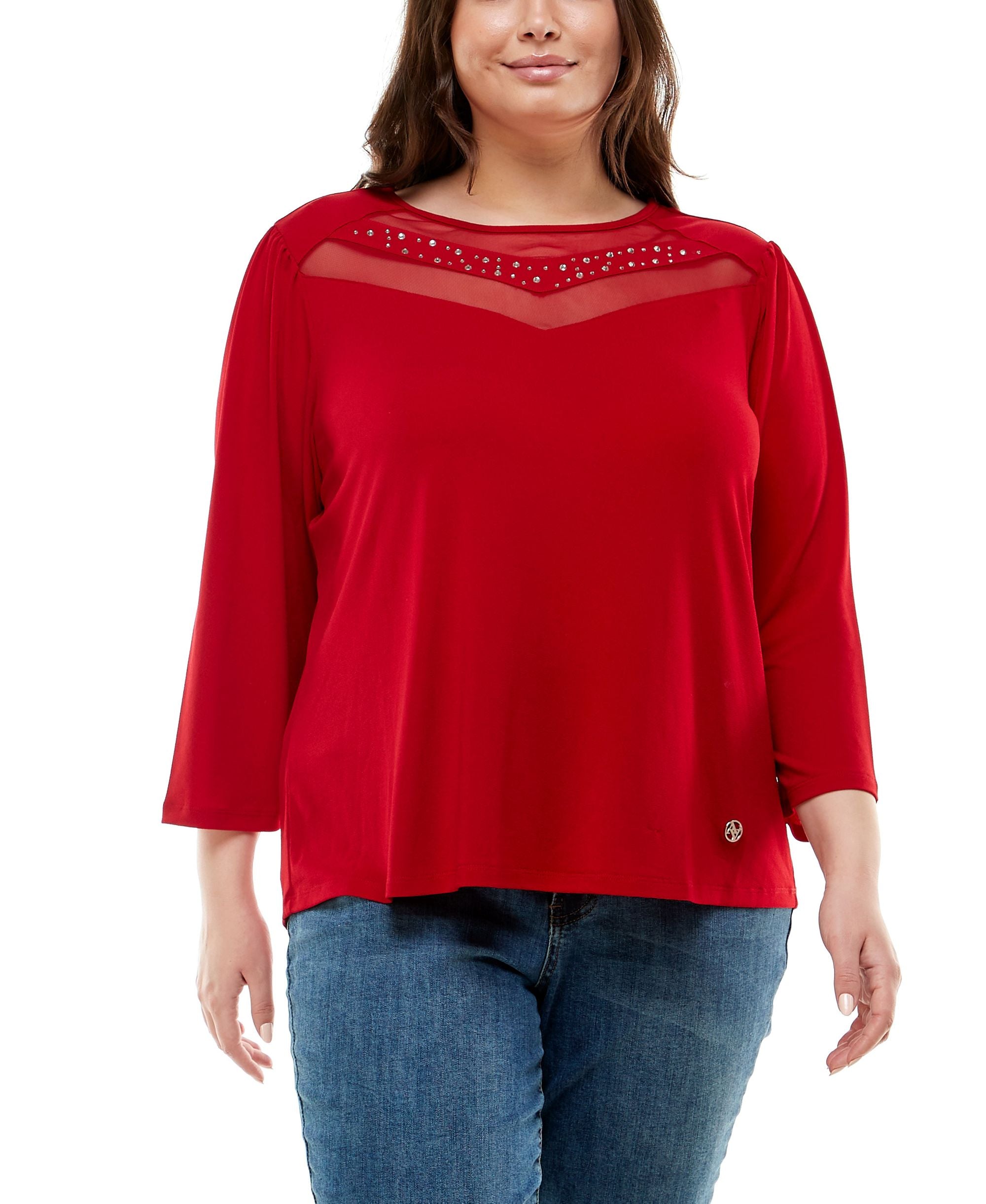 Plus Size 3/4 Sleeve With Mesh Rhinestones Top