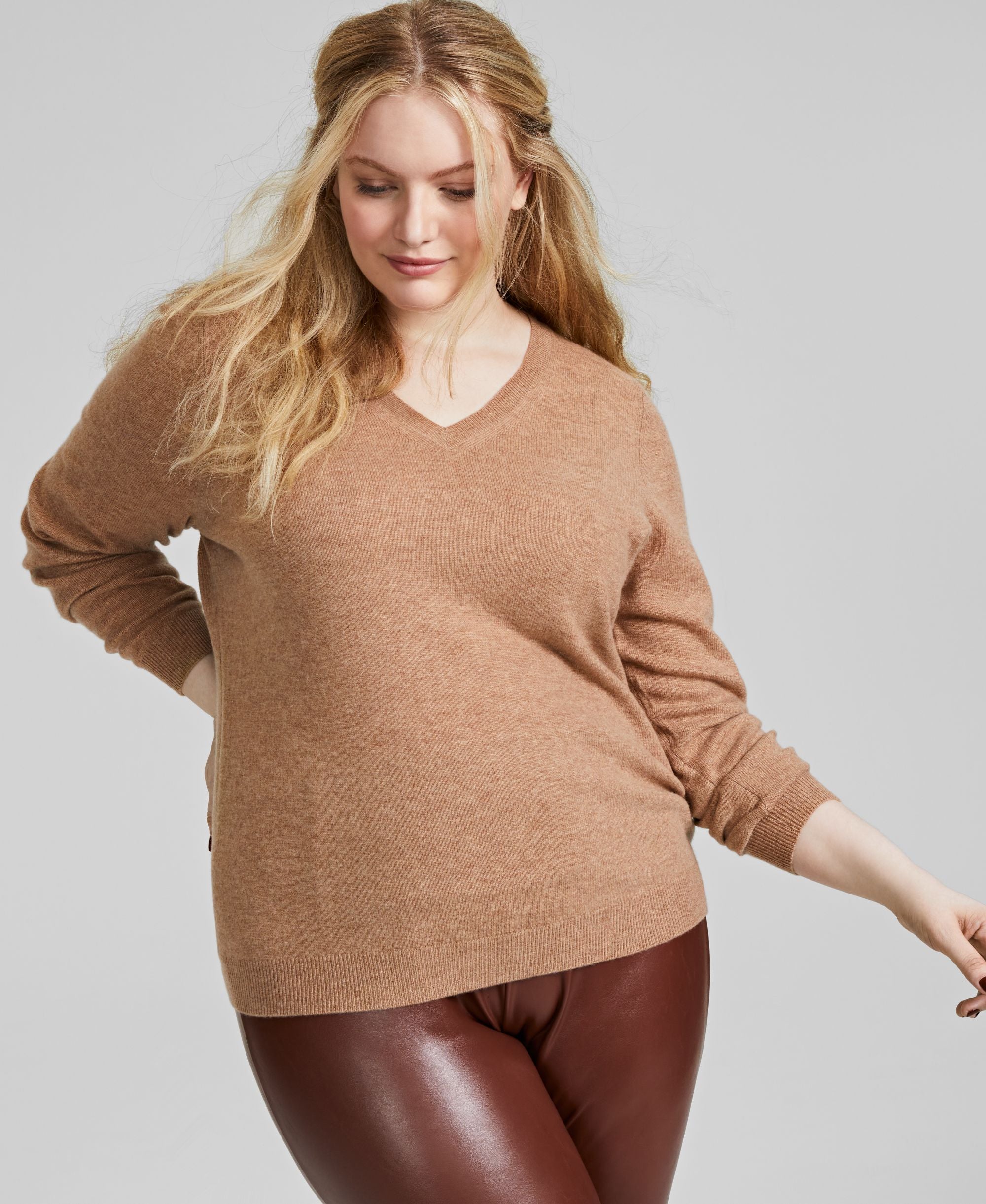 Plus Size Cashmere Wool Blend V-Neck Sweater