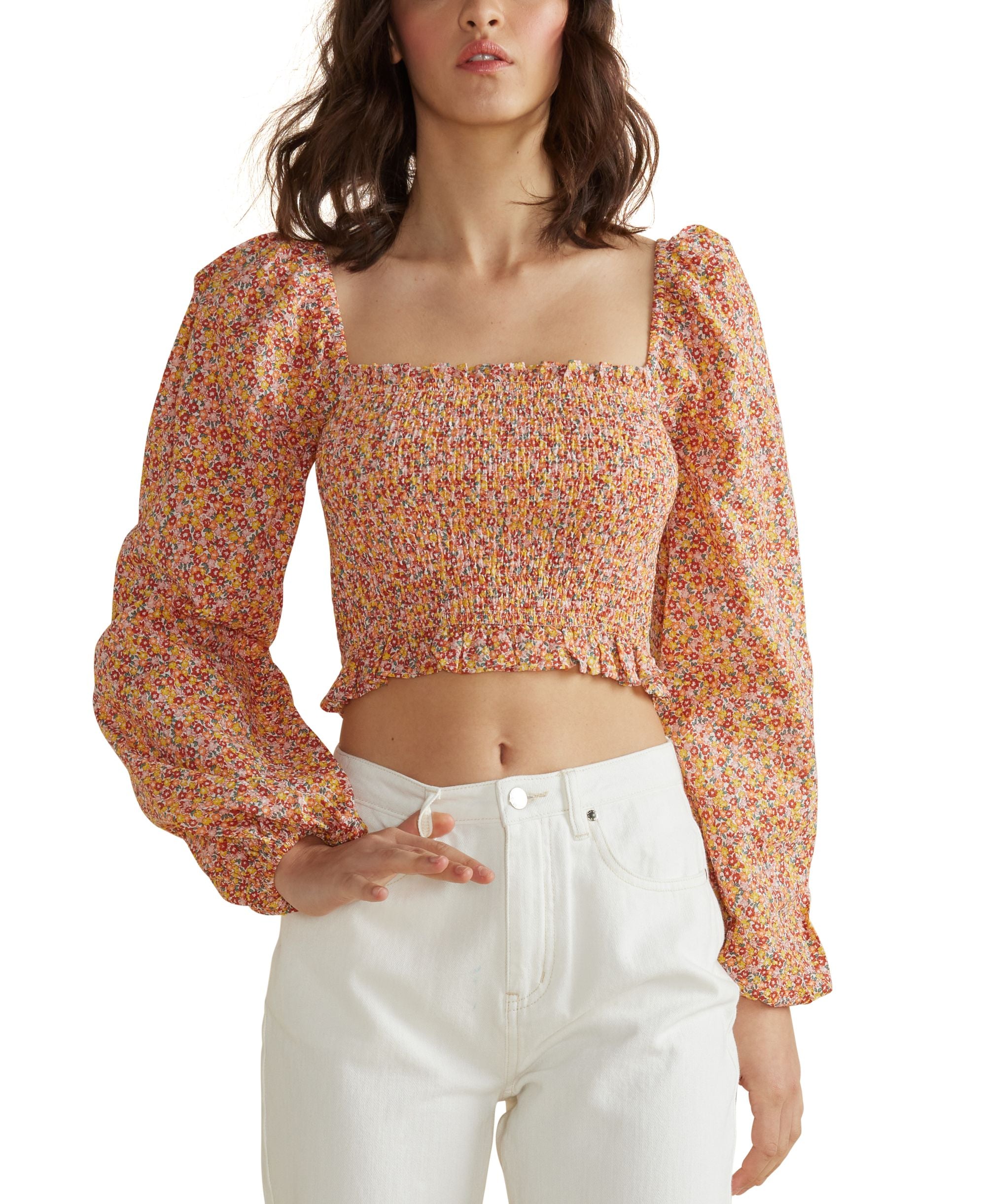Smocked Printed Blouson Top