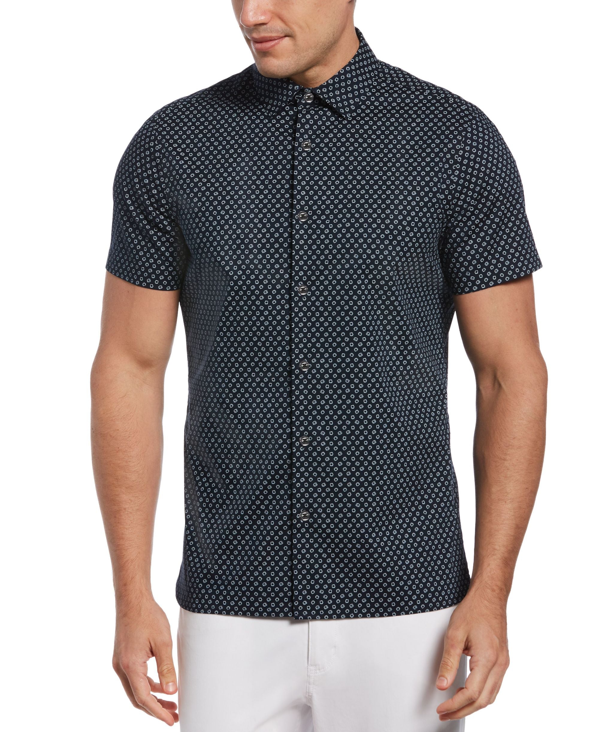 Men's Scribble Dot Print Stretch Short Sleeve Button-Down Shirt