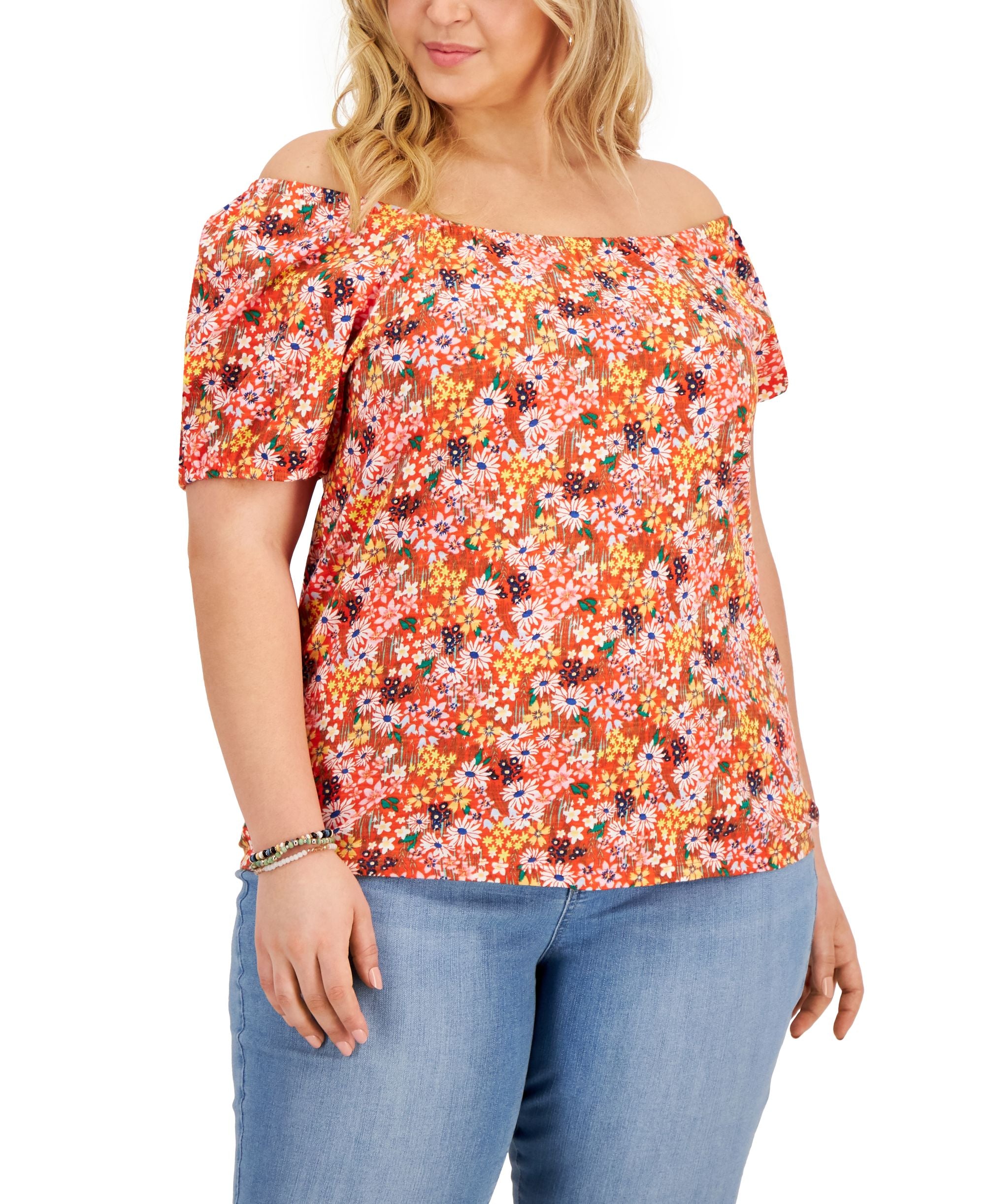 Style & Co Plus Size Cotton Printed Off The Shoulder Top