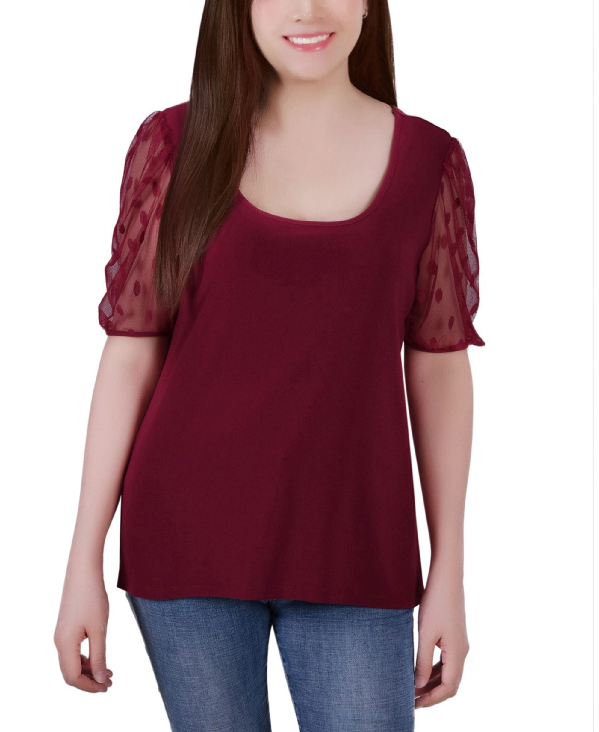 NY Collection Petite Mesh Dot Elbow Sleeve Crepe Top