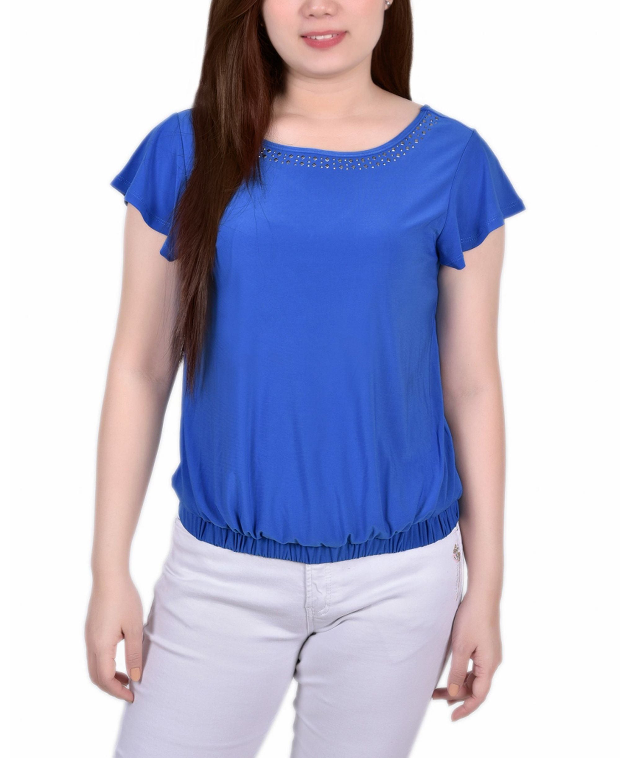Petite Size Short Flutter Sleeve Top With Studded Neckline