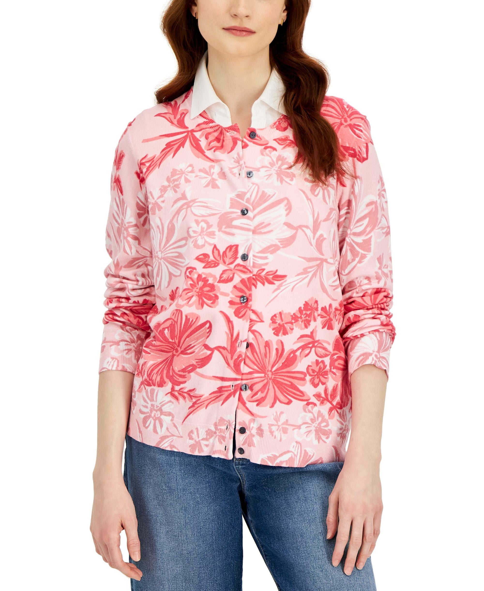 Karen Scott Womens Malibu Escape Floral Button Cardigan