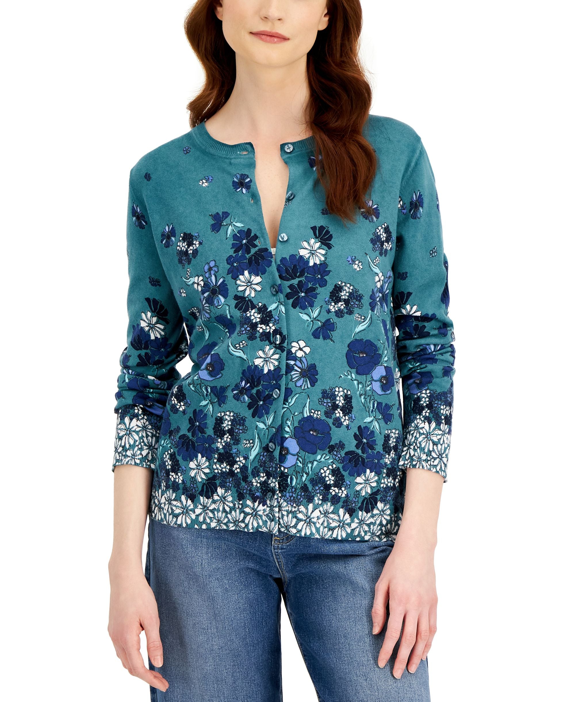 Karen Scott Womens Monica Floral Button Cardigan