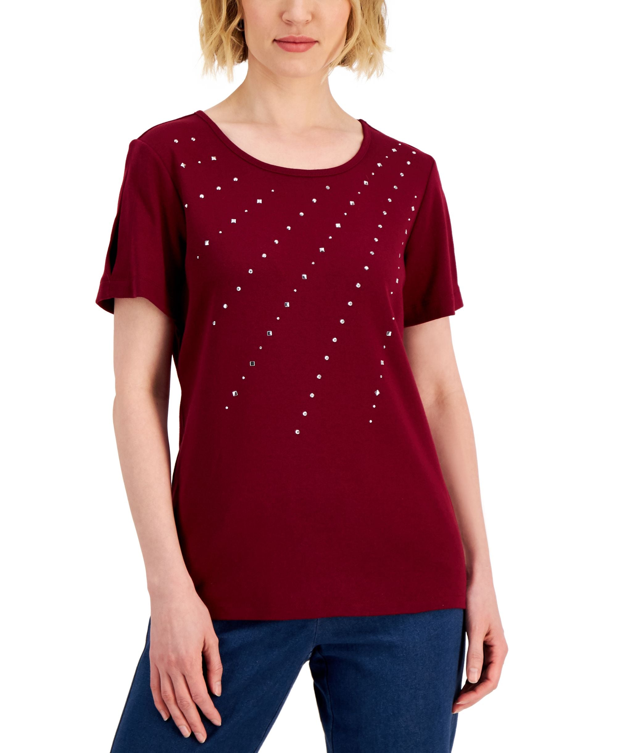 Karen Scott Womens Cotton Embellished Top