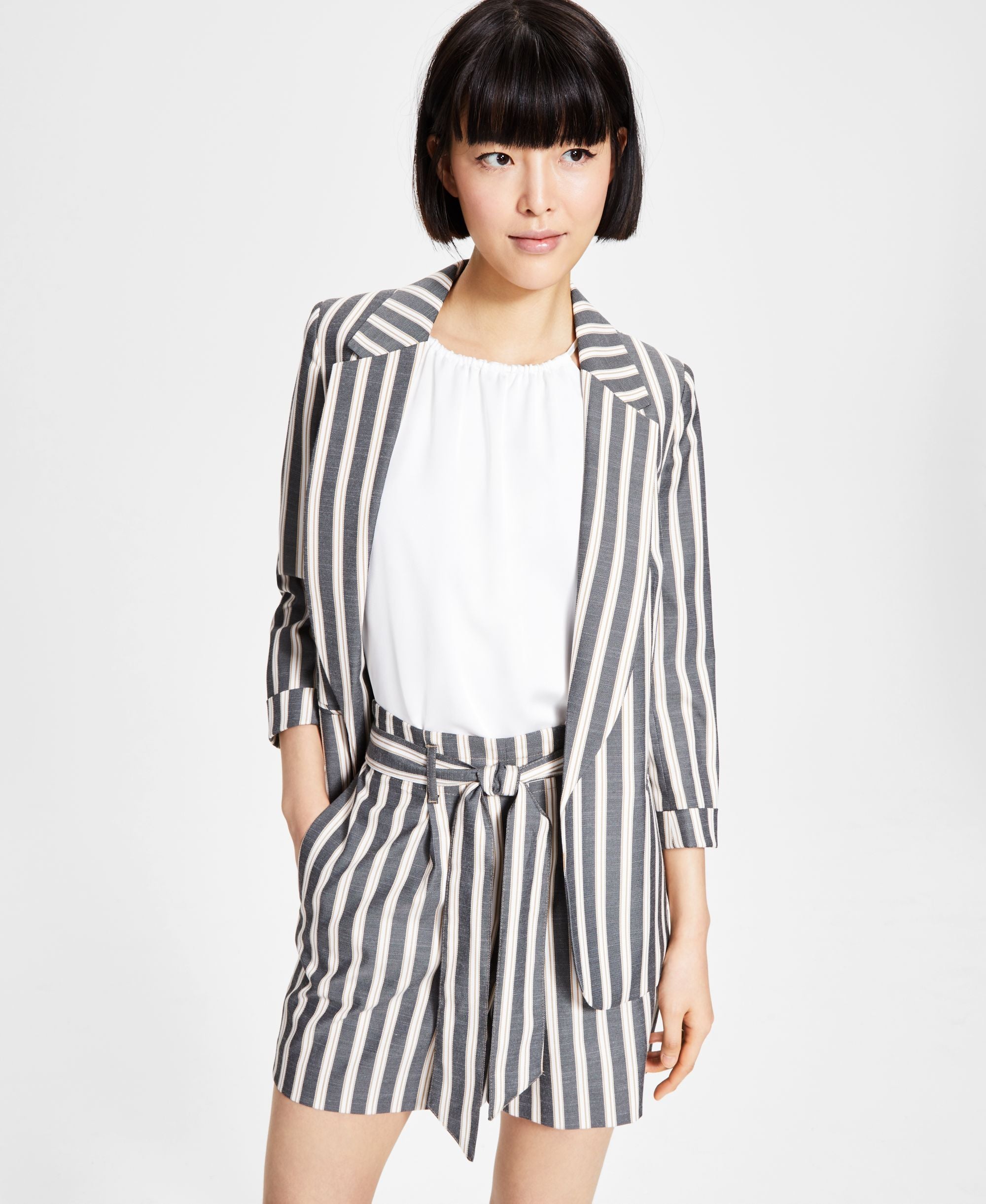 Bar III Womens Striped Open-Front Blazer