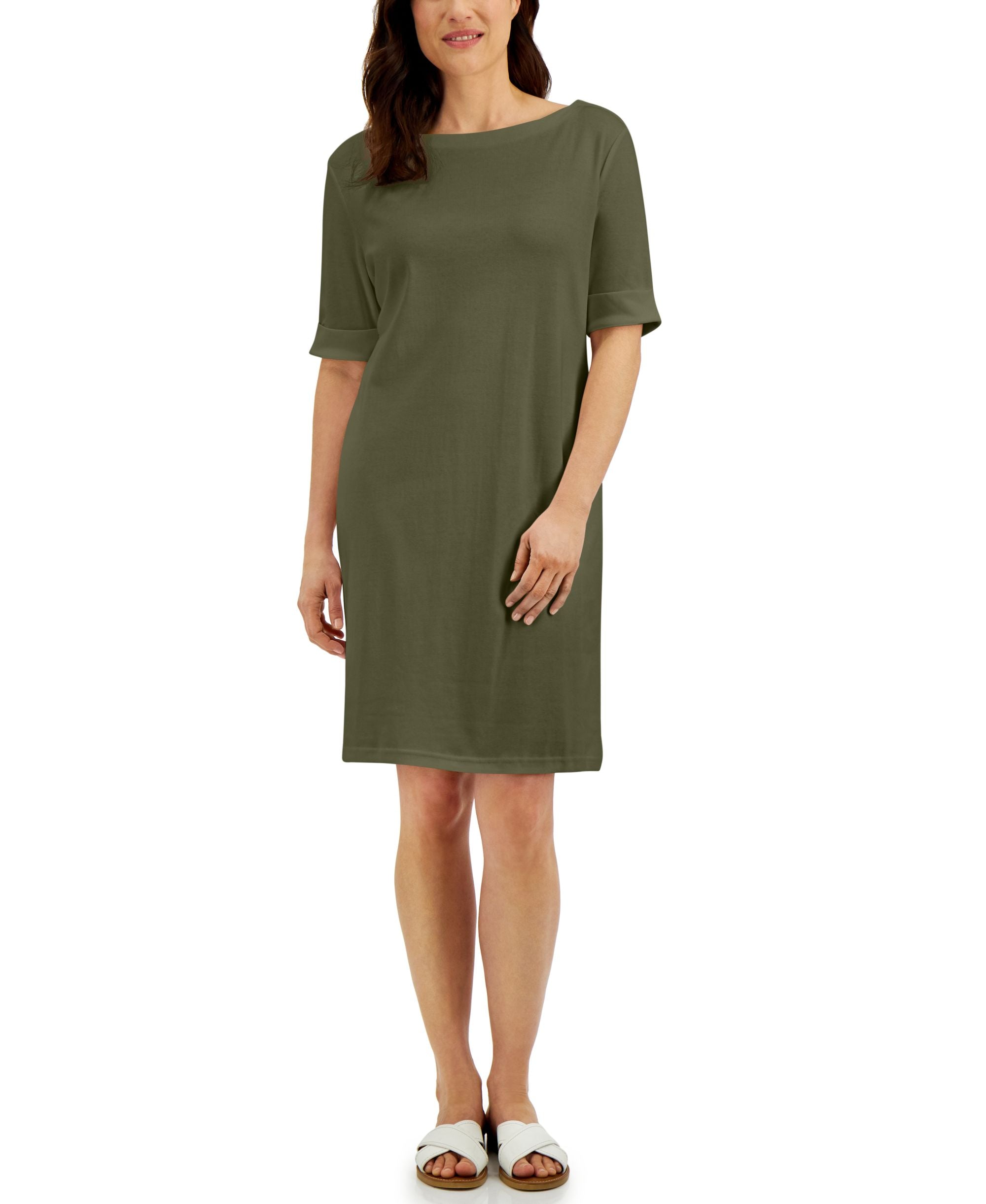 Karen Scott Petite Cotton Boat Neck Elbow Sleeve Dress