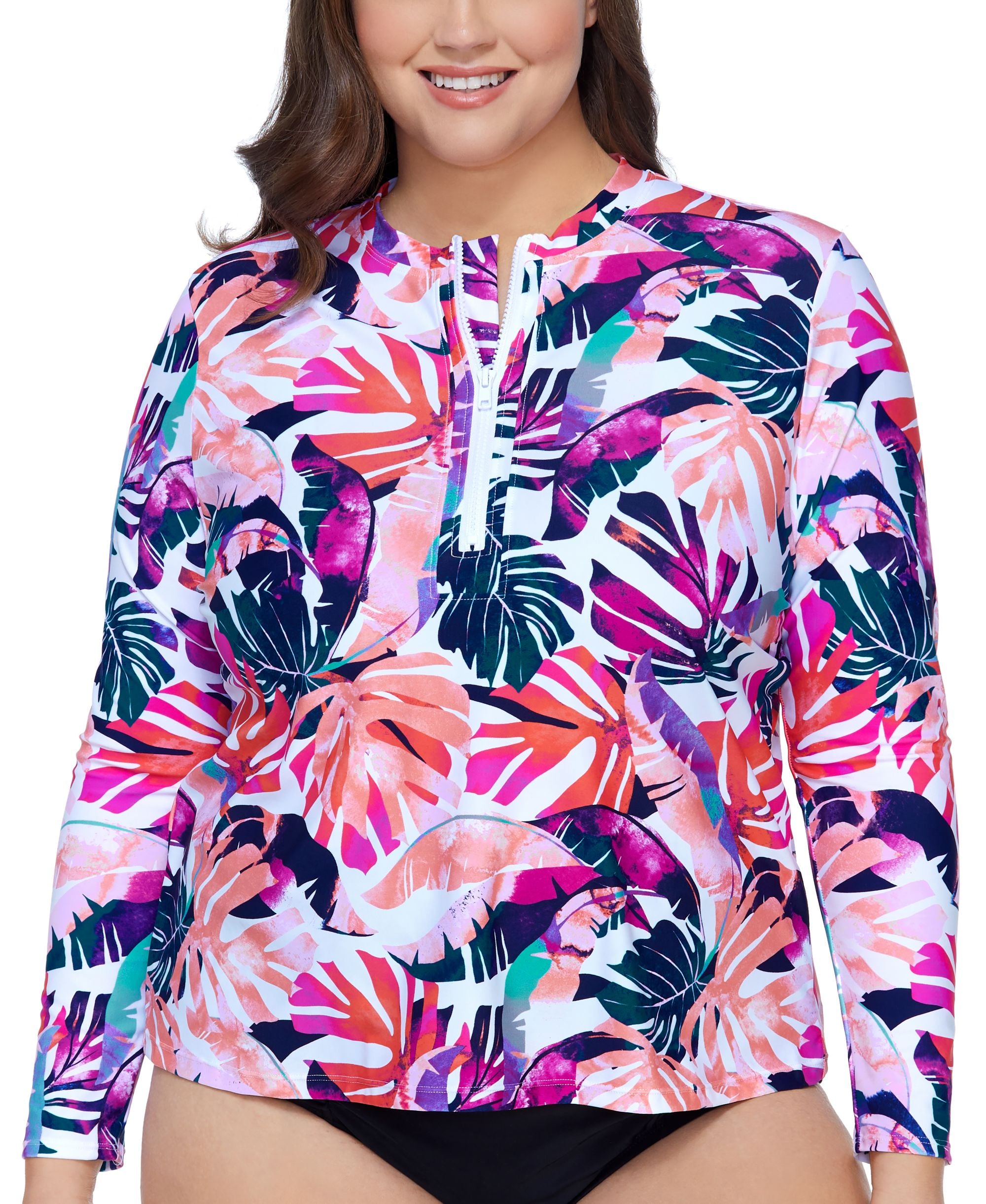 Plus Size Printed Half-Zip Rash Guard