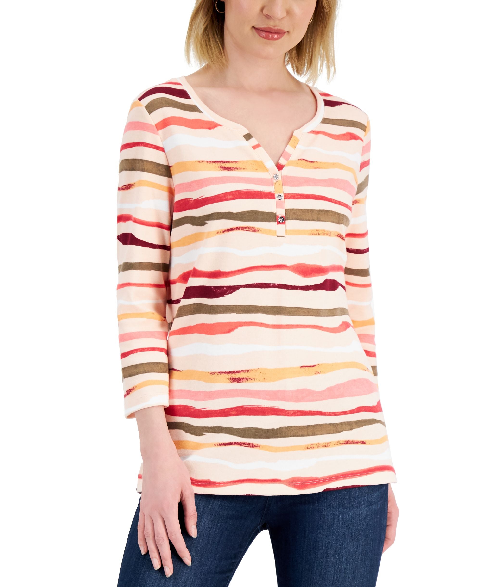 Karen Scott Petite 3/4 Sleeve Striped Henley Top