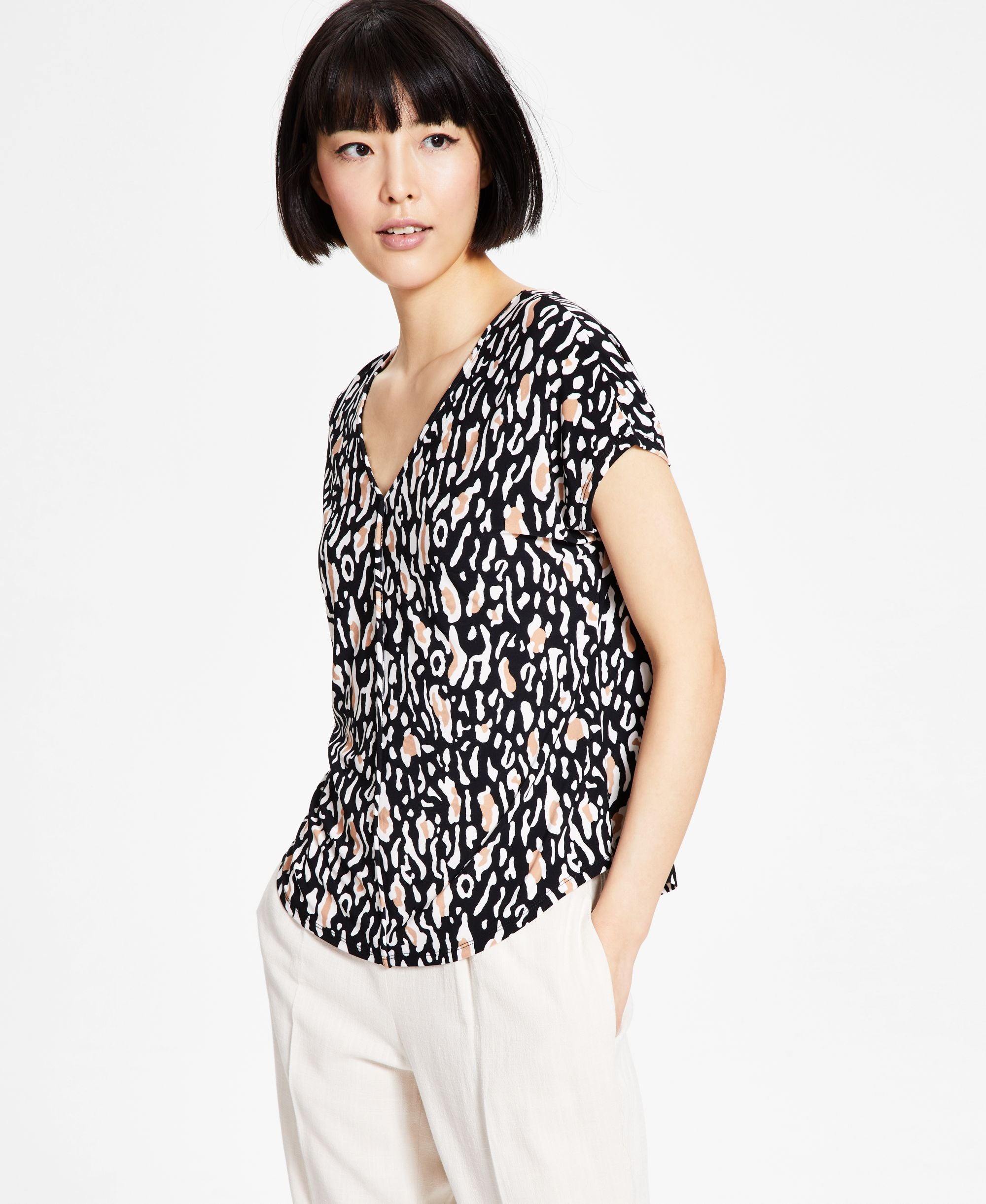 Bar III Womens Animal-Print V-Neck Top