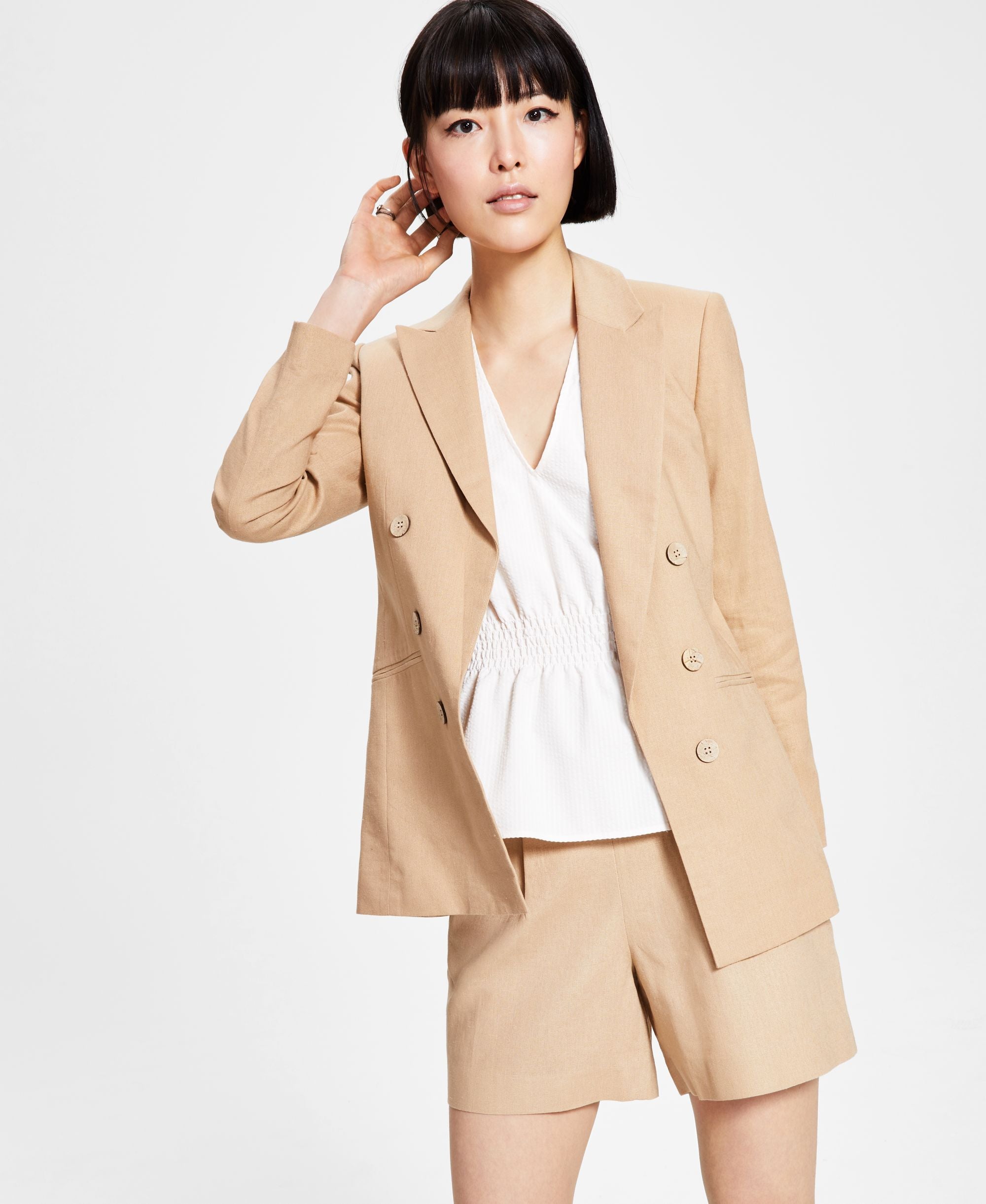Bar III Womens Linen Faux-Double-Breasted Jacket