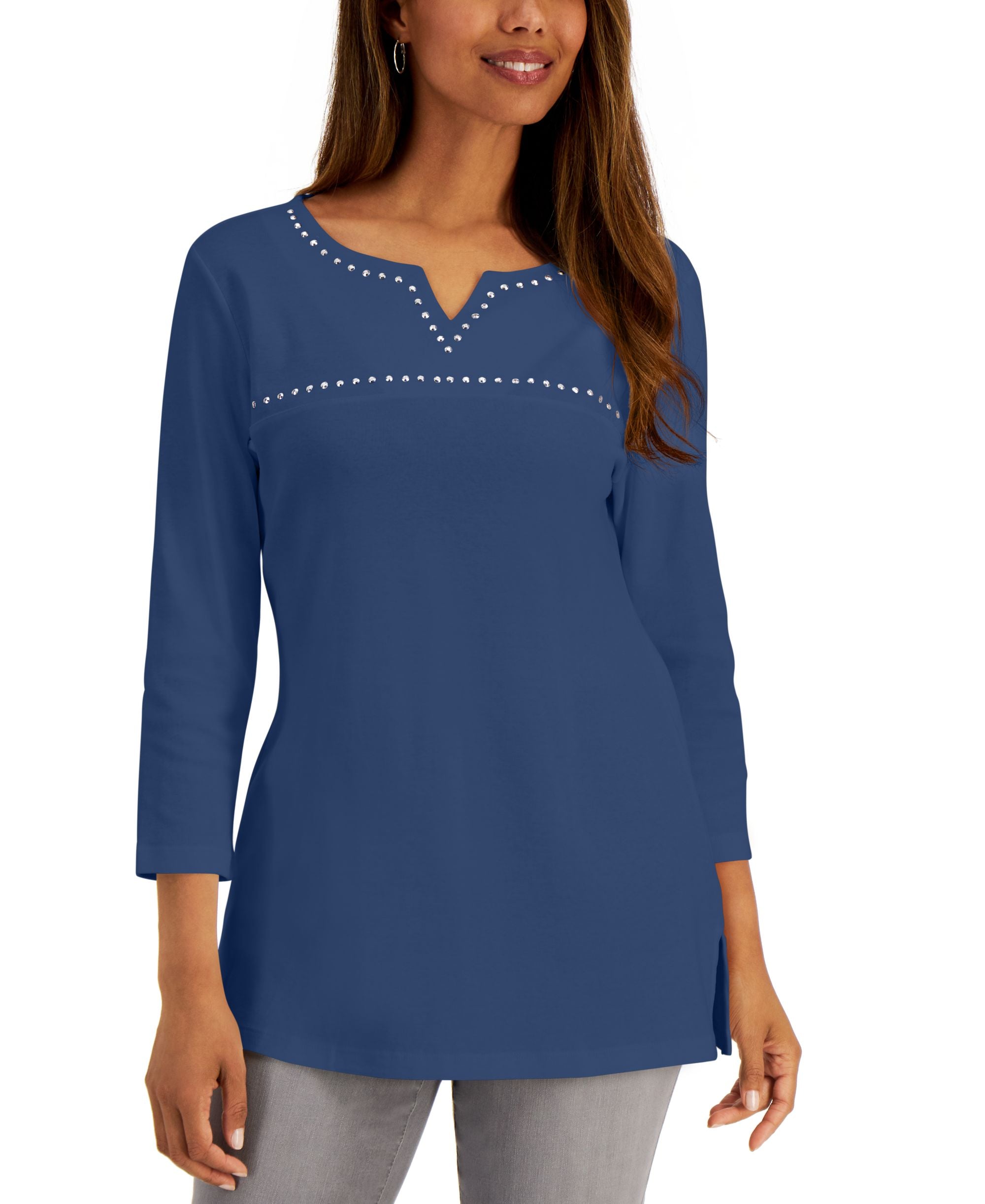 Cotton Studded Split-Neck Top
