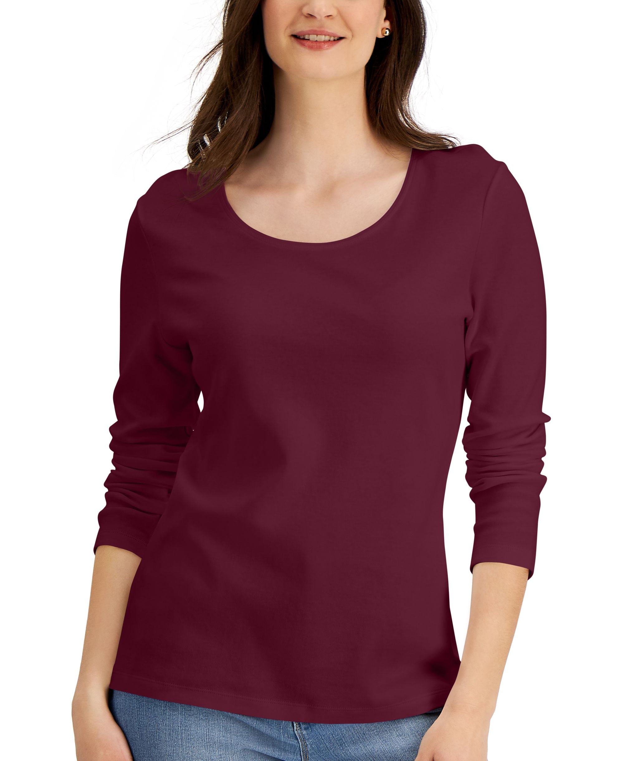 Long Sleeve Cotton Scoop-Neckline Top