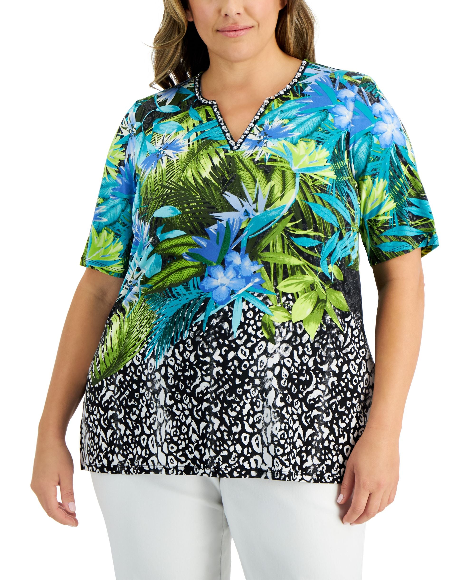 JM Collection Plus Asymmetrical Floral T-Shirt