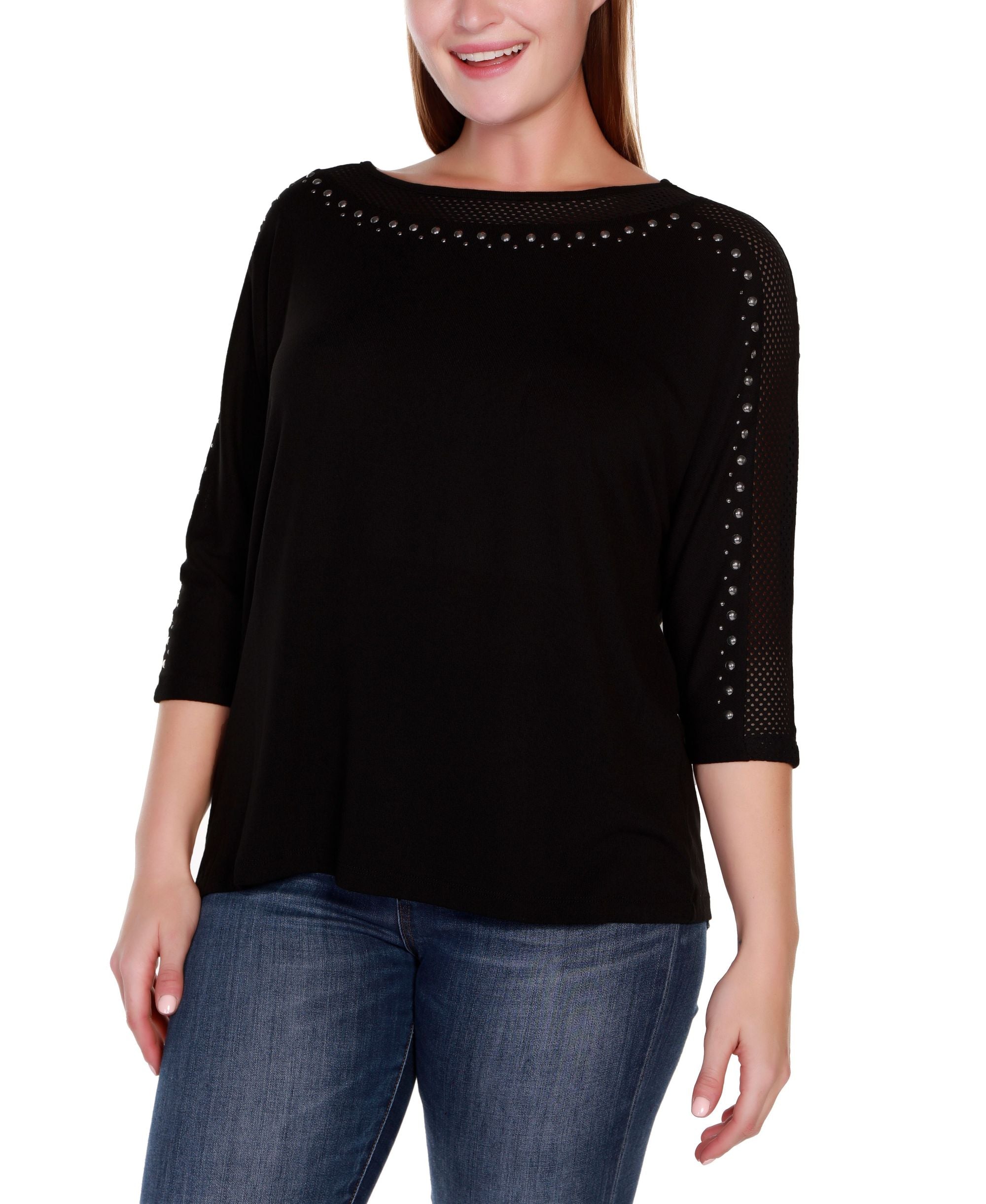 Plus Size Embellished Dolman with Mesh Inset Top