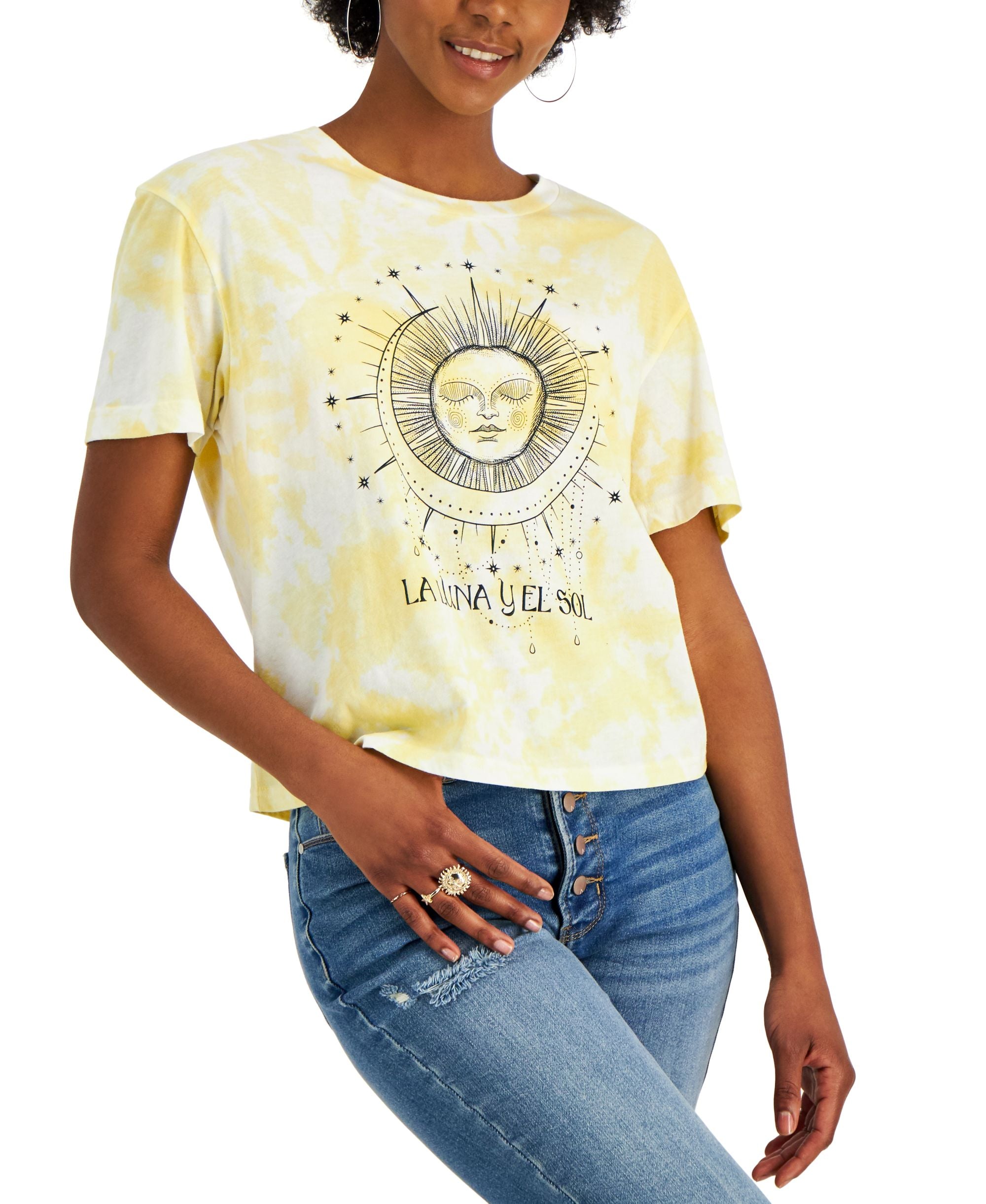 Juniors' Tie-Dyed Celestial Graphic-Print Tee