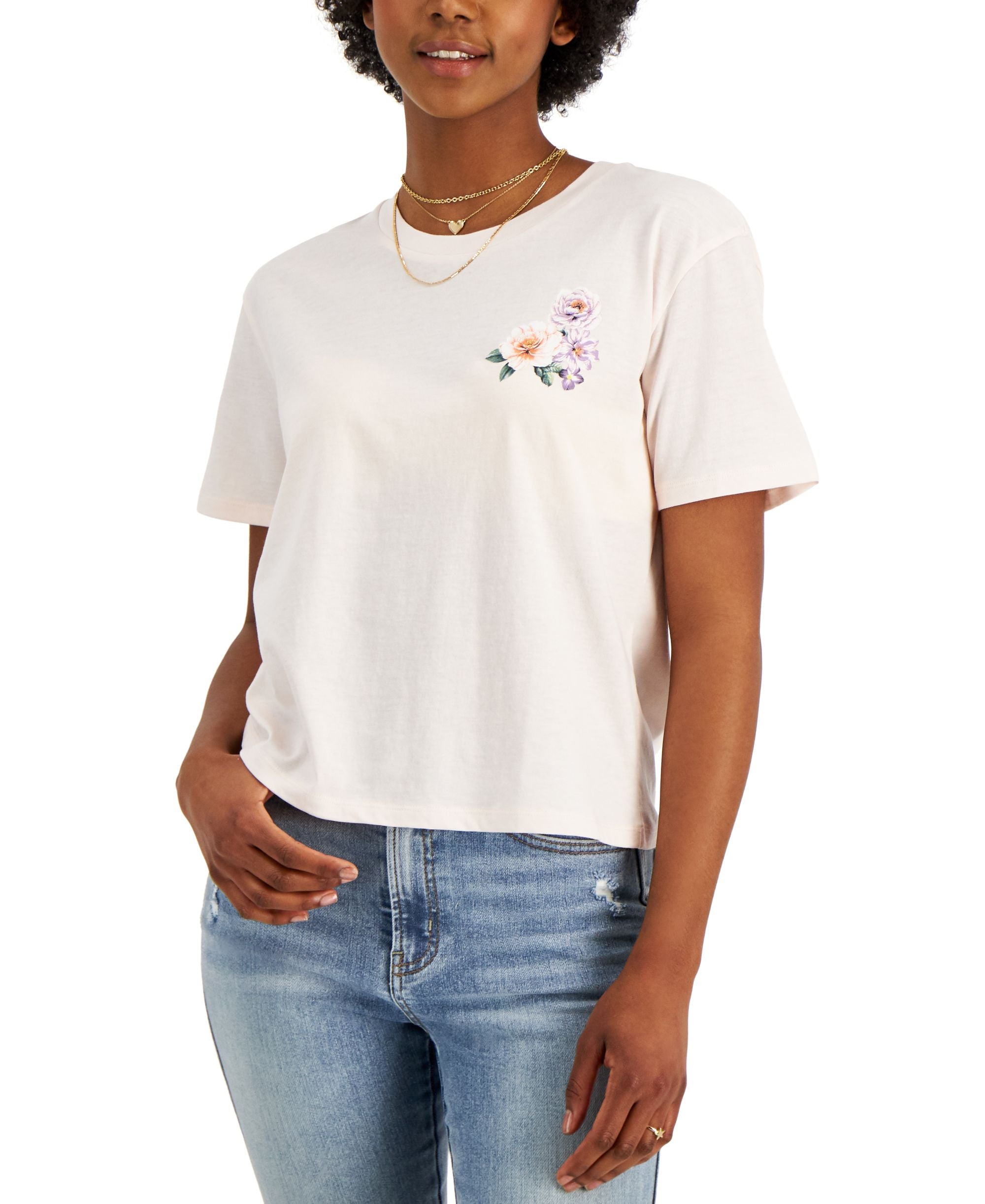 Juniors' Flowers Front-Back Graphic-Print Tee