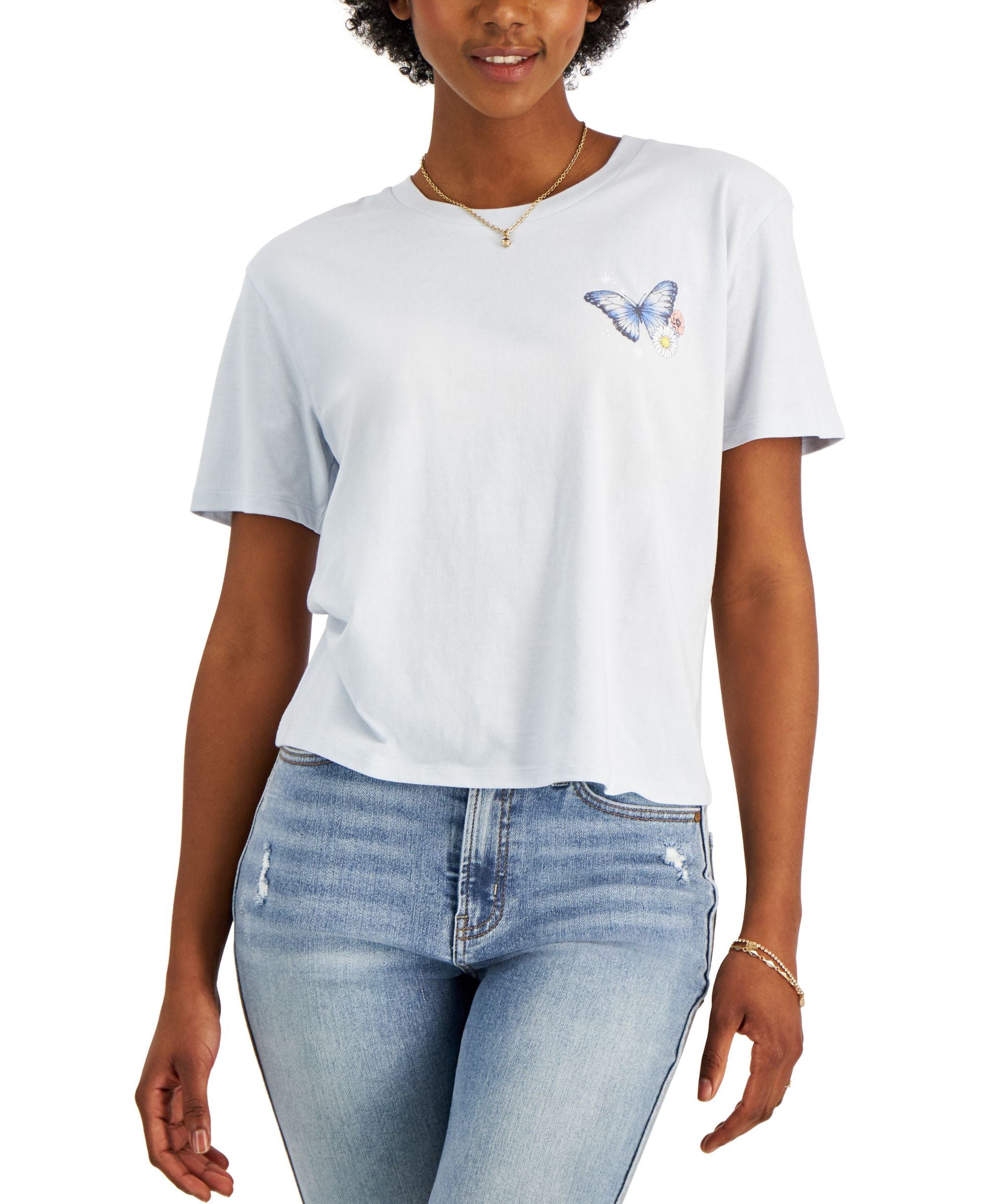 Juniors' Butterflies Front-Back Graphic-Print Tee