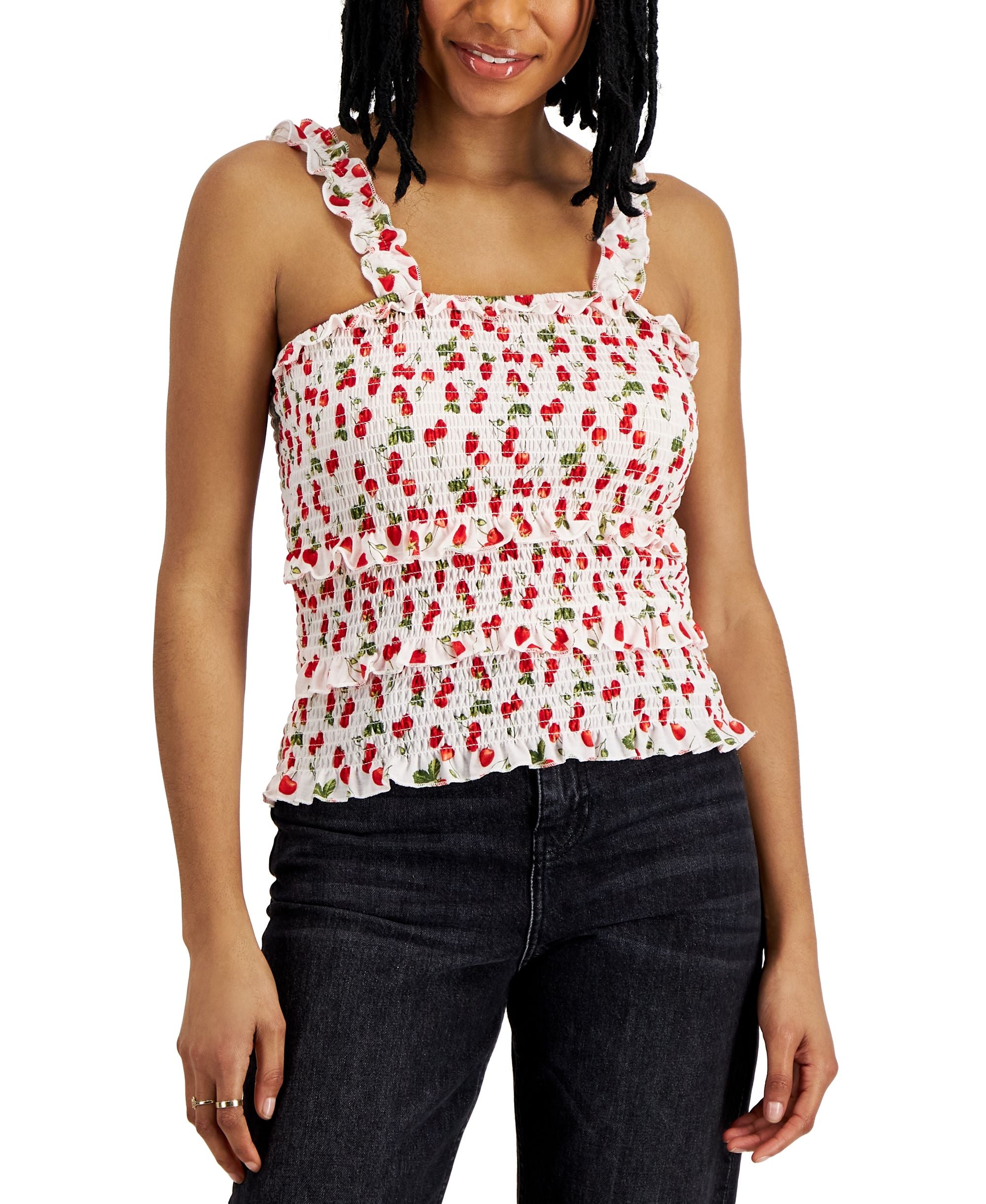 Juniors' Printed Tiered Smocked Tank Top