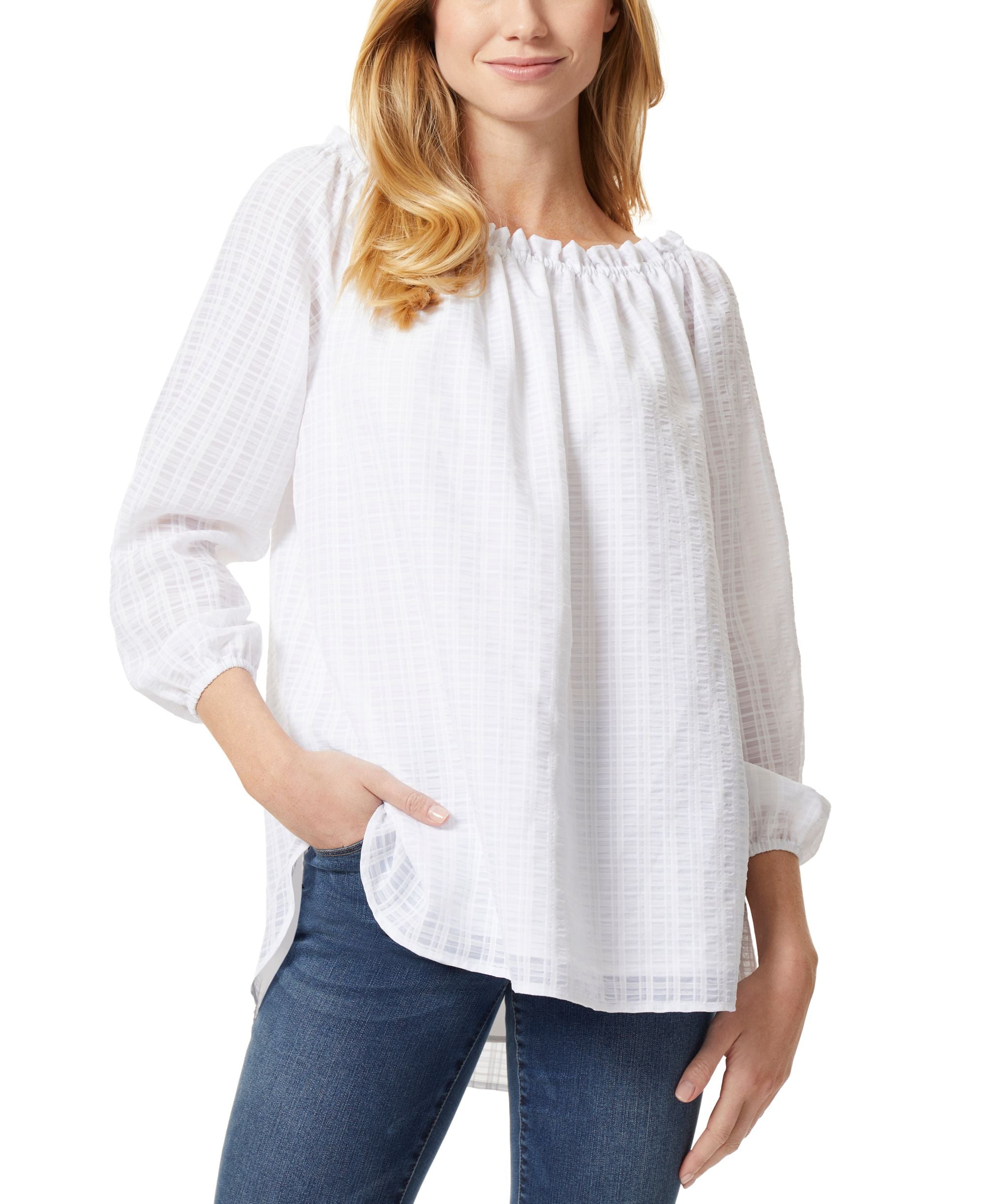 Womens Smocked Neckline Blouse Top With Elastic Cuff Sleeves