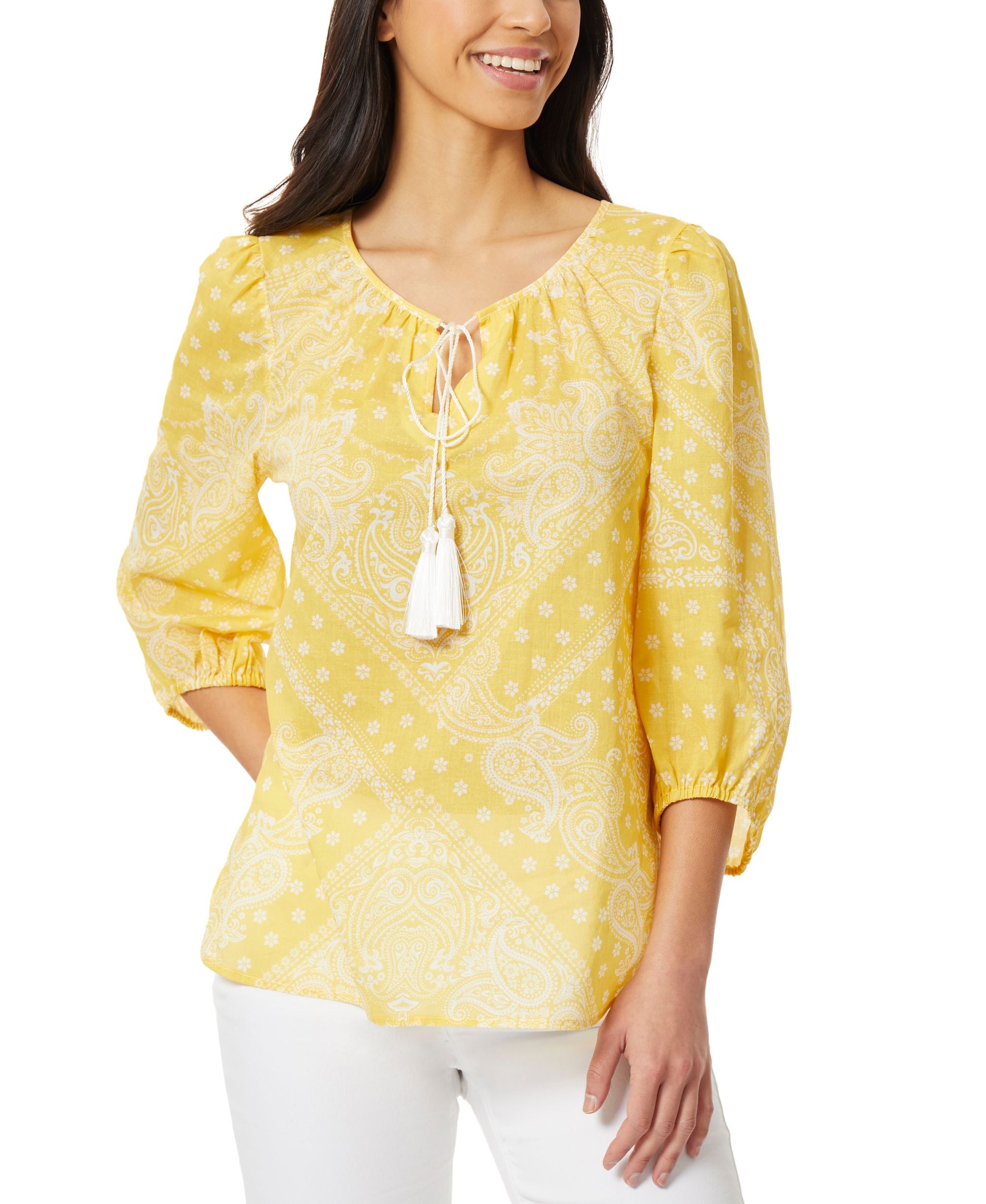 Womens Tie Neck High Low Elastic Sleeve Tunic Top With Tassels
